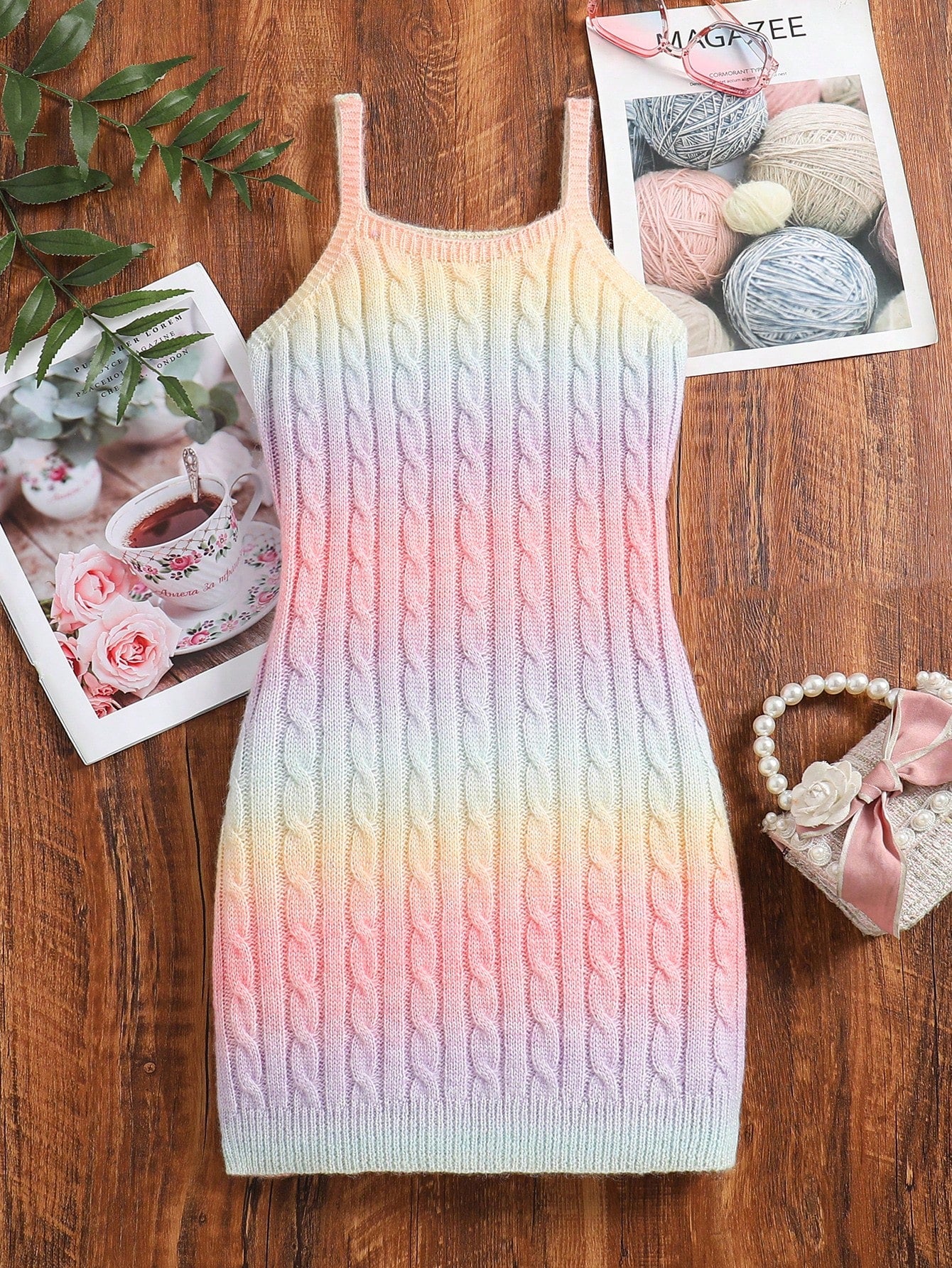 Tween Girls' Rainbow Colored Spring/Autumn Knitted Sweater Dress With Spaghetti Straps