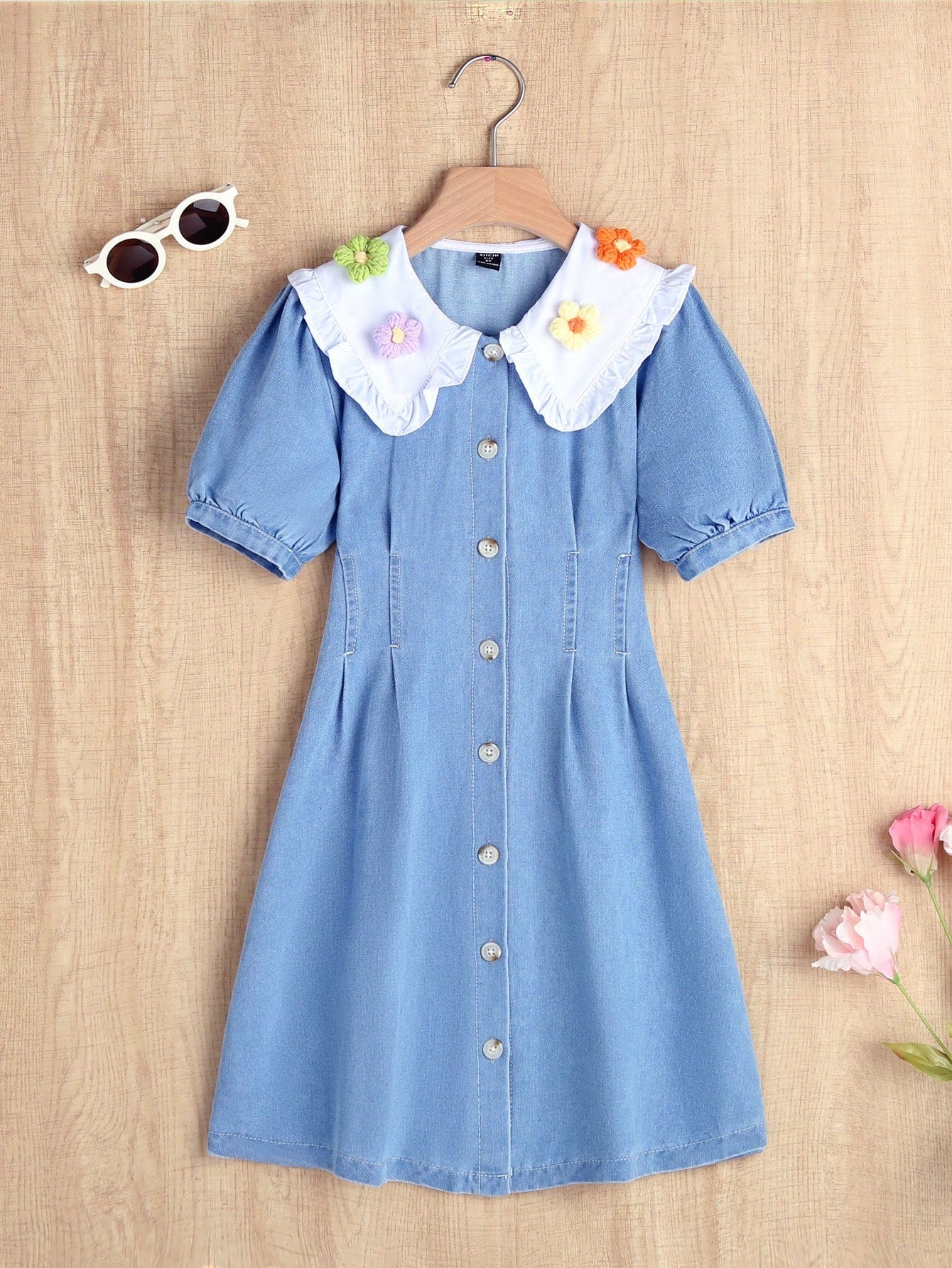 Tween Girls' Cute Colorful 3d Flower Patch Decor Denim Dress With Collar, Puff Sleeves And Elastic Waist