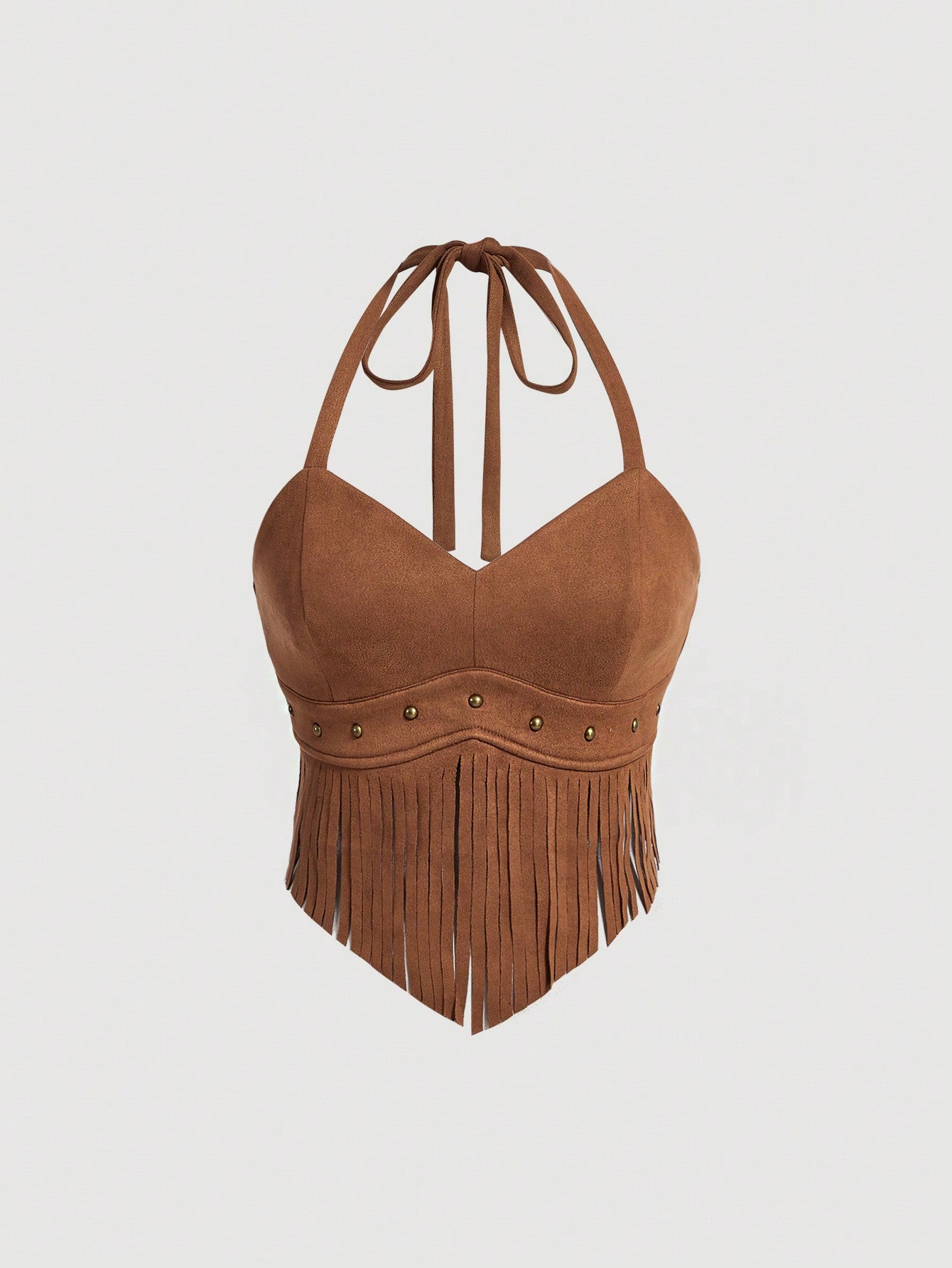 Summer Vintage Suede Halter Neck Top With Tassel Fringe Decoration