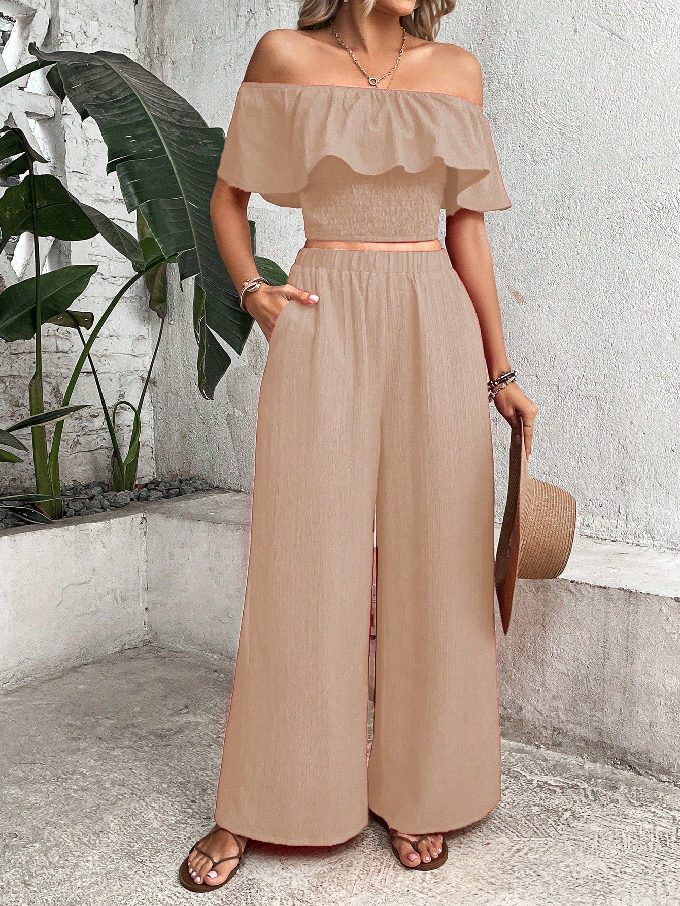 Women's Off-Shoulder Ruffle Trim Top And Wide Leg Pants Two Piece Set