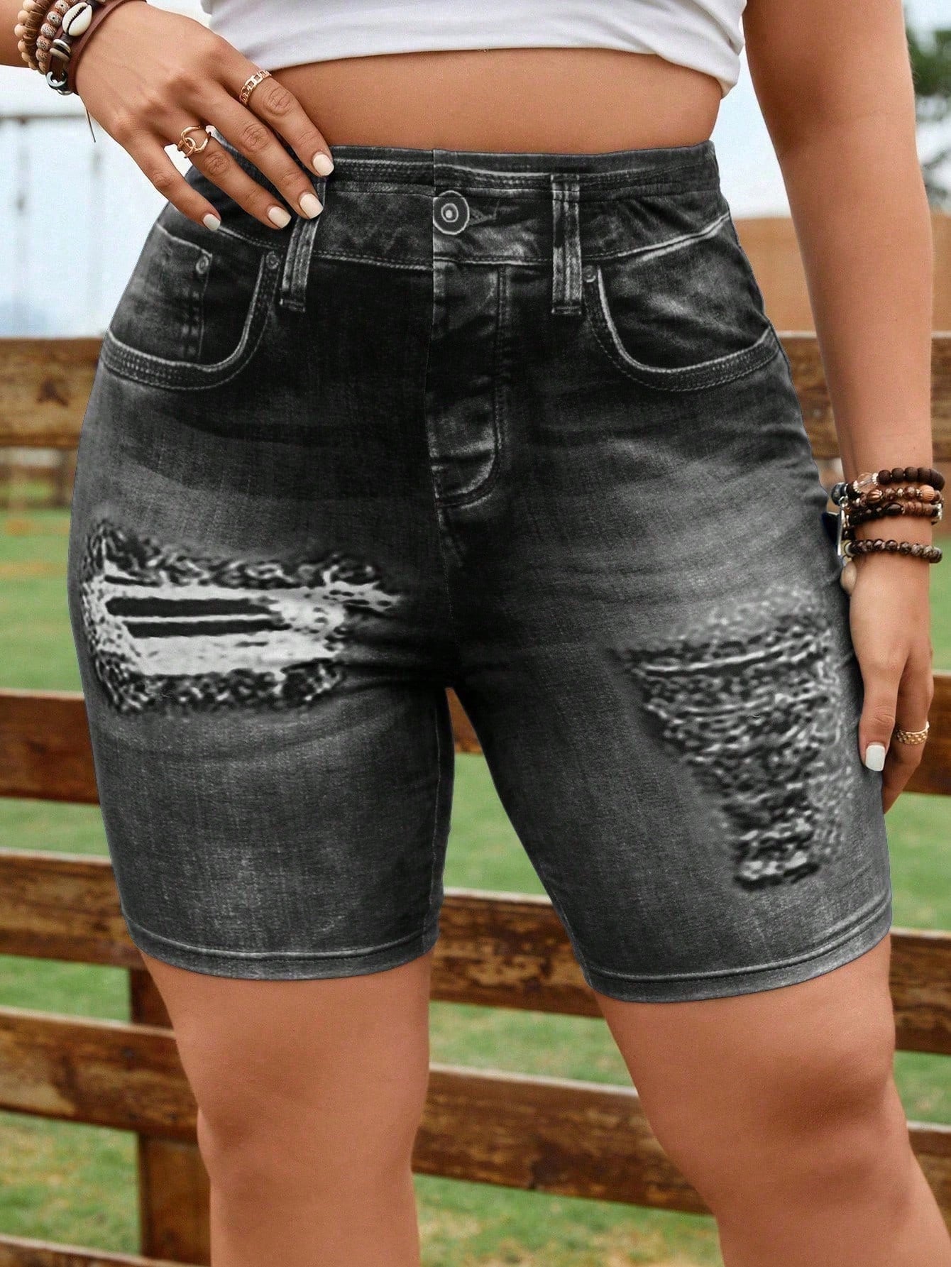 Plus Denim-Effect Print Ripped Biker Shorts