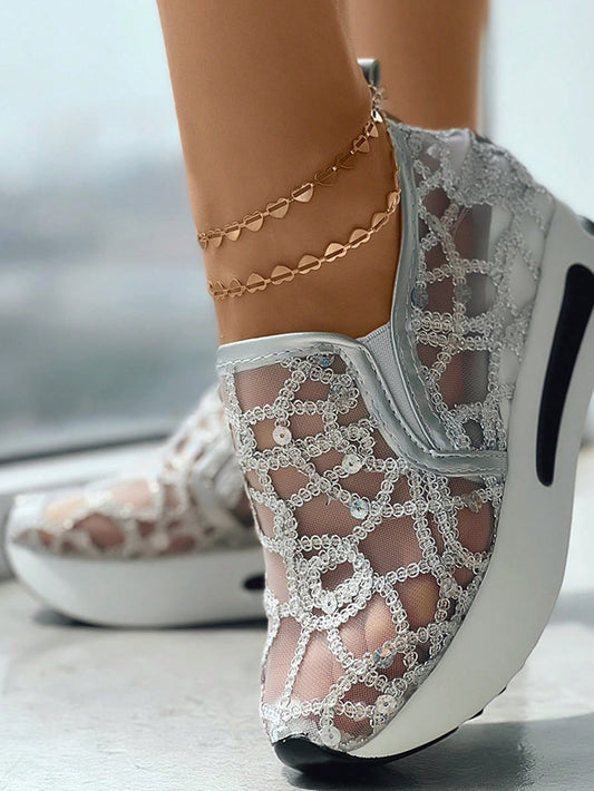 Women's Chunky Sneakers With Glitter Mesh Upper And Slip-On Design