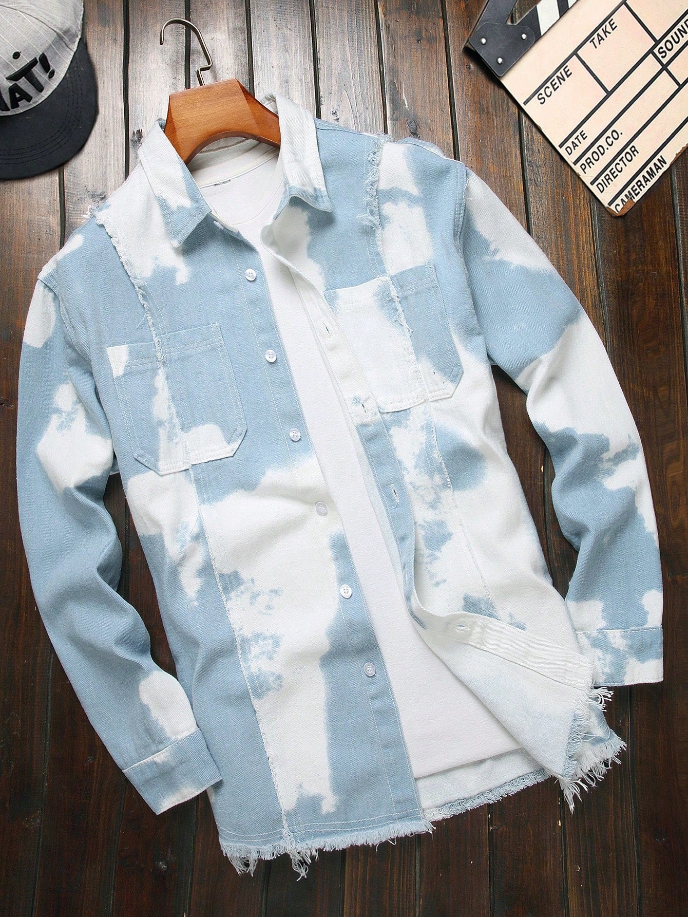 Men's Colorblock Frayed Denim Shirt