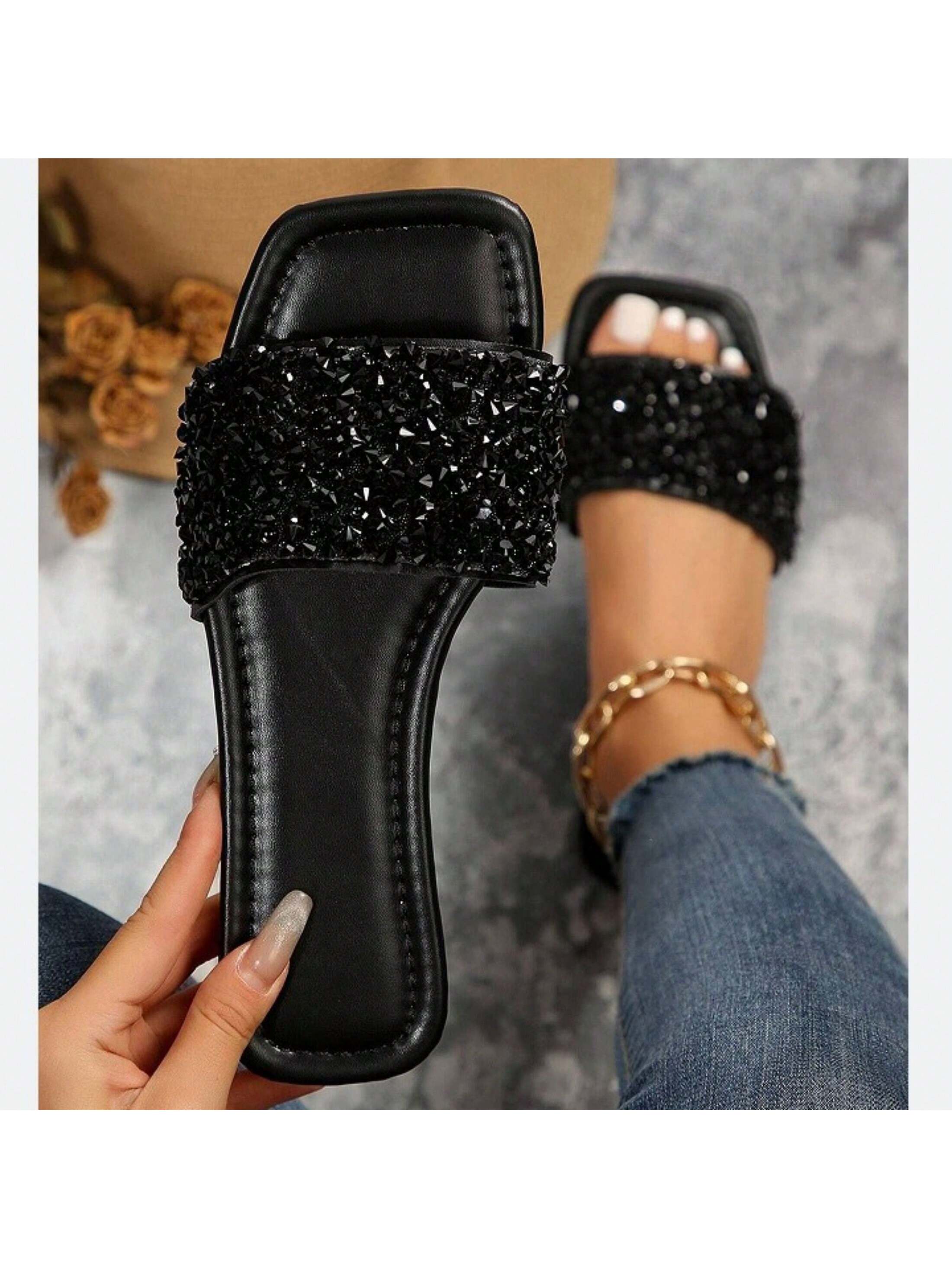 Women's Rhinestone Casual Fashion Slippers Square Open Toe Flat Bottom Sandals Summer Beach Slippers Indoor And Outdoor