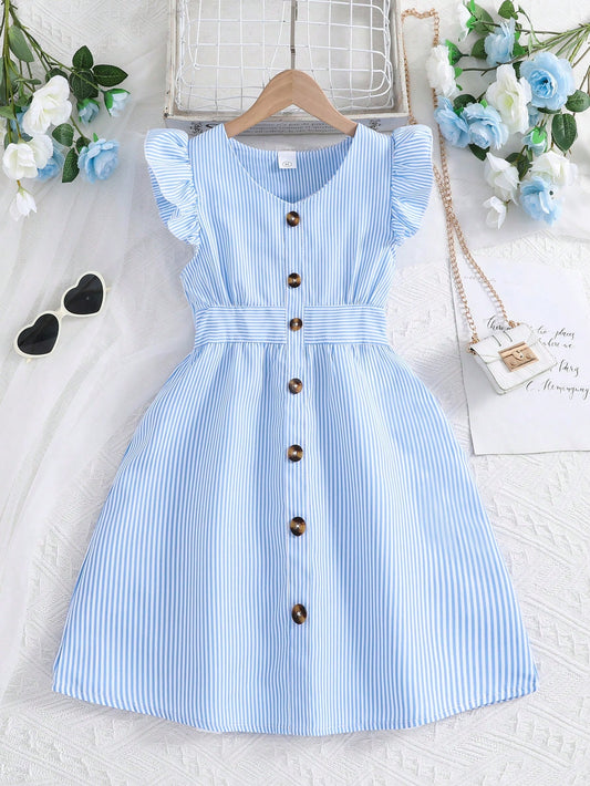 Tween Girl Summer Fresh Striped Flare Sleeve V-Neck Belted Dress