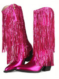 Fashion Metallic Cowboy Boots Mid Calf Cowgirl Boots Sparkly Glitter Fringe Western Boots Dress Party Tassel Tall Boots Slide Zipper