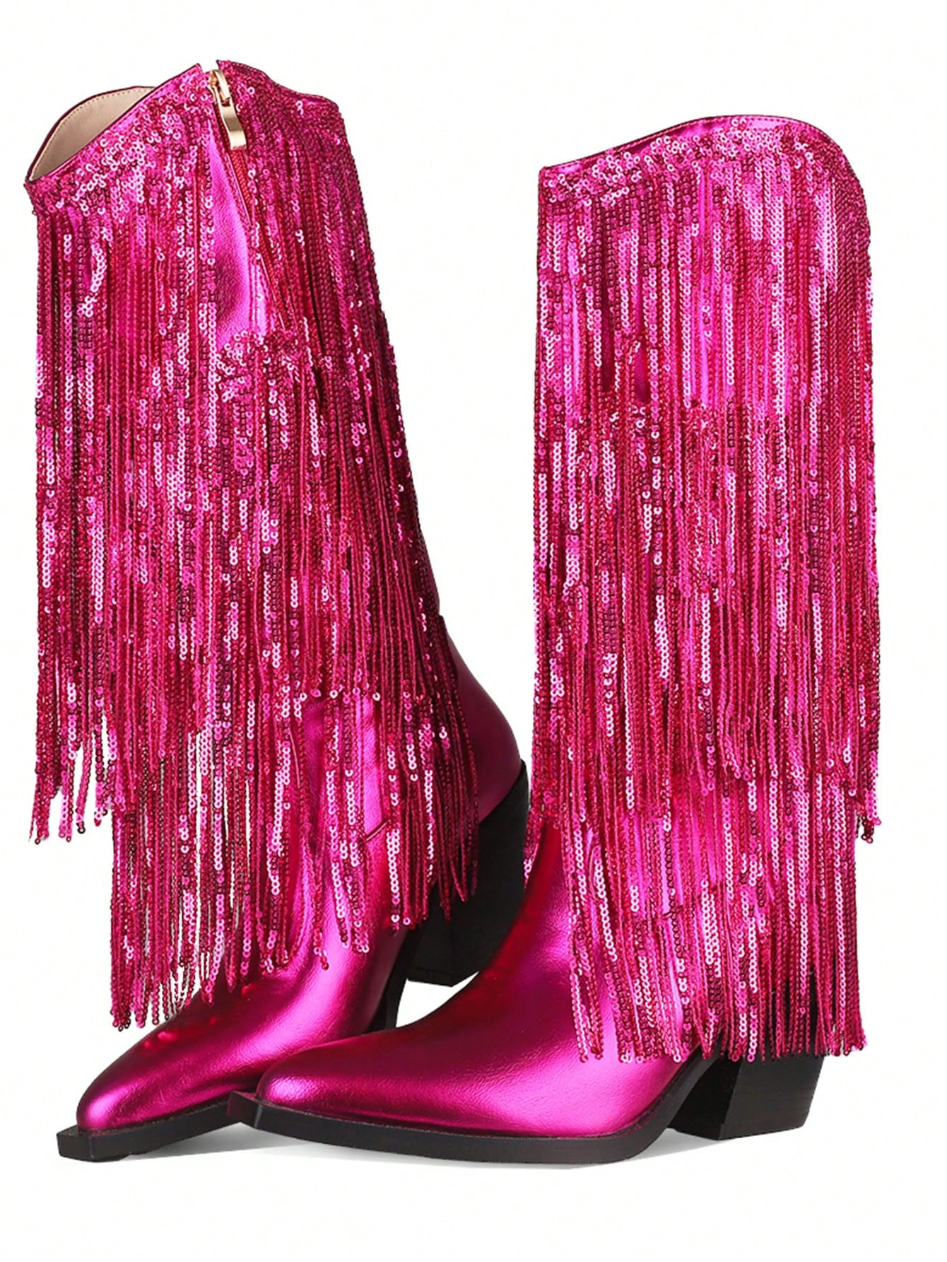 Fashion Metallic Cowboy Boots Mid Calf Cowgirl Boots Sparkly Glitter Fringe Western Boots Dress Party Tassel Tall Boots Slide Zipper