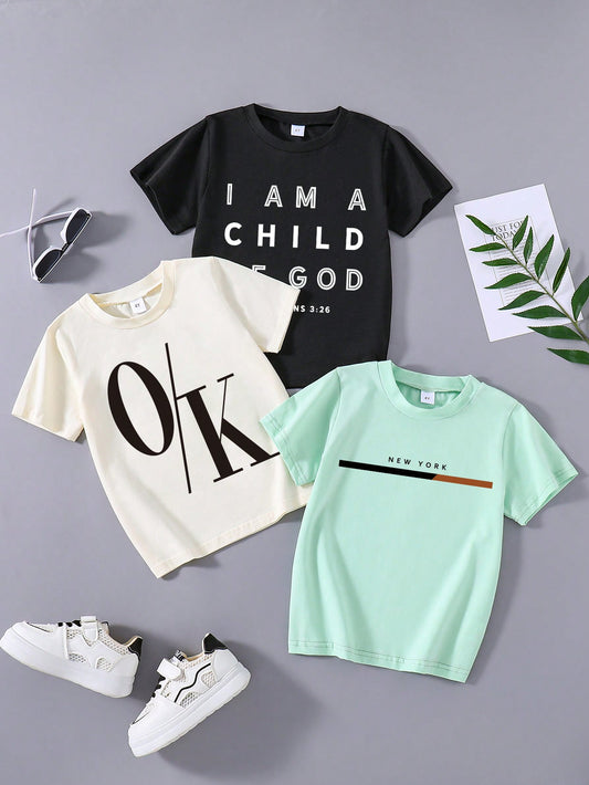 3pcs/Set Young Boy Letter Print Short Sleeve T-Shirt