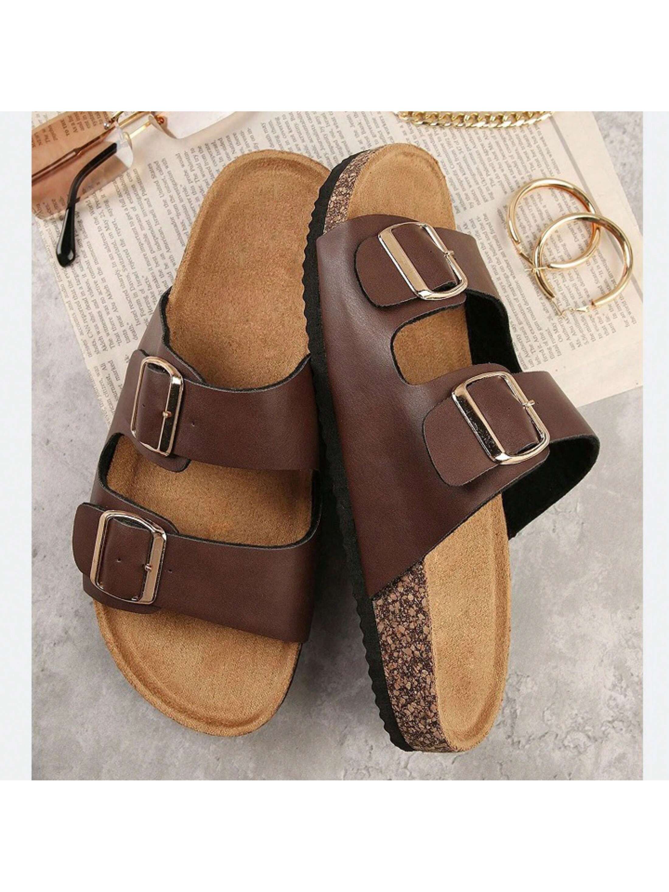 Womens Cork Footbed Slides Adjustable Buckled Slip On Slippers Open Toe Softy Flat Sandals