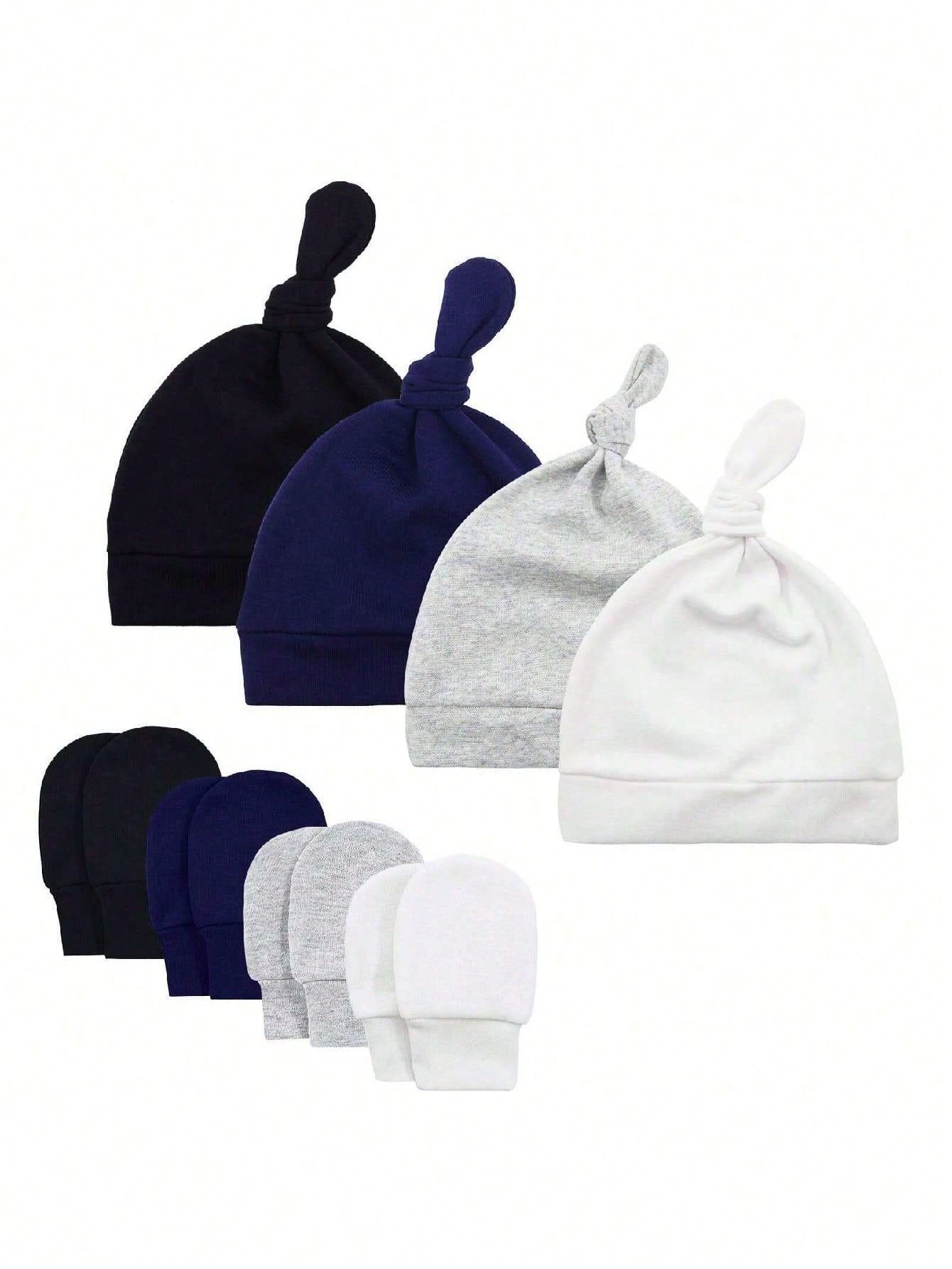 4sets Baby Hats And Mittens Infant Beanie Gloves NoScratch Set Newborn Hospital Hat For Boys Girls