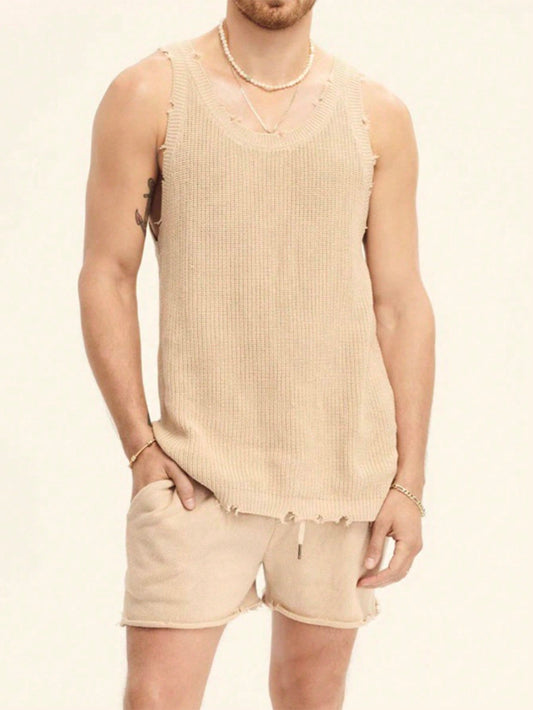 Men's Solid Color Knitted Vest With Round Neck