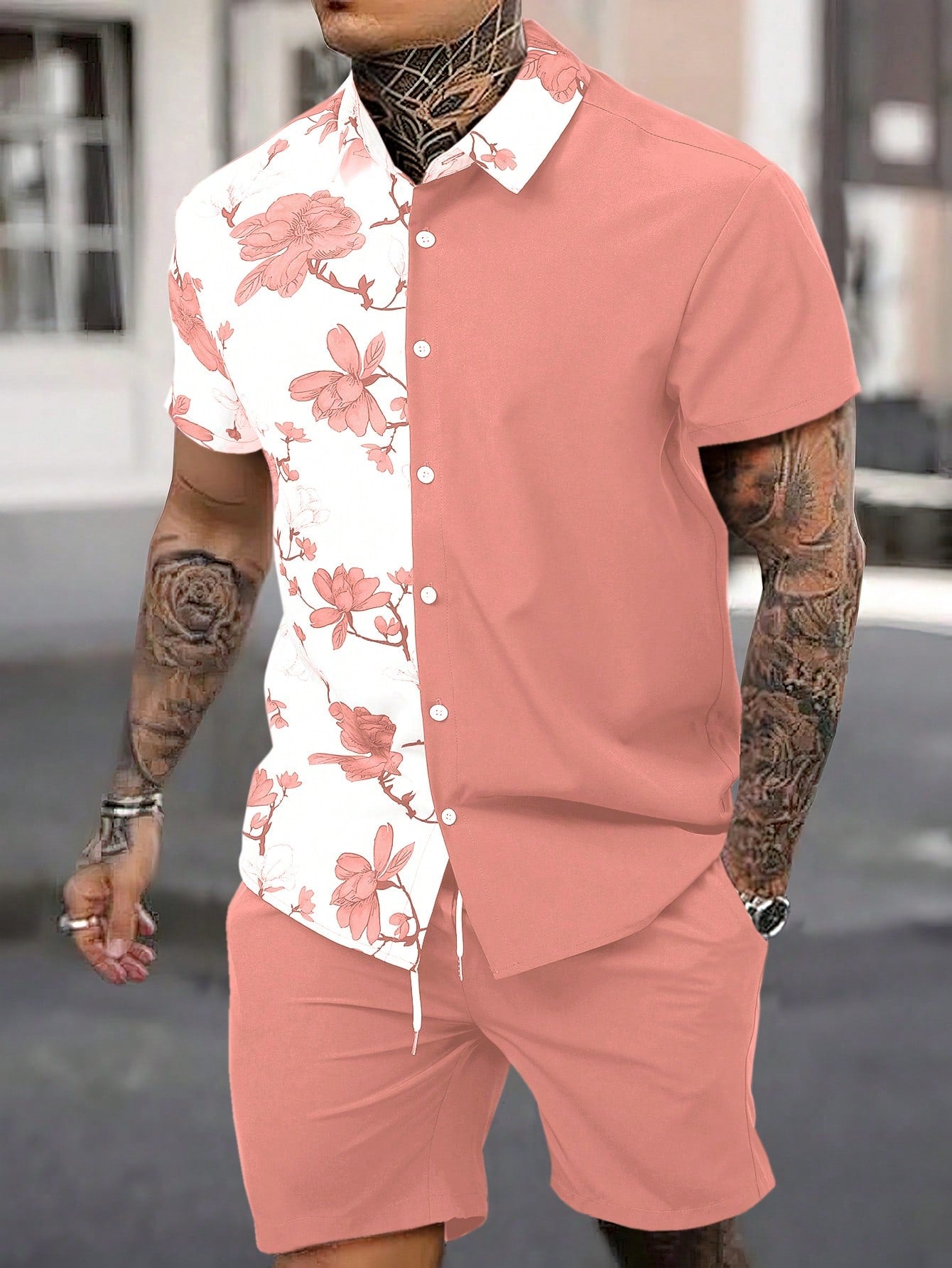 Men Floral Print Shirt & Drawstring Waist Shorts