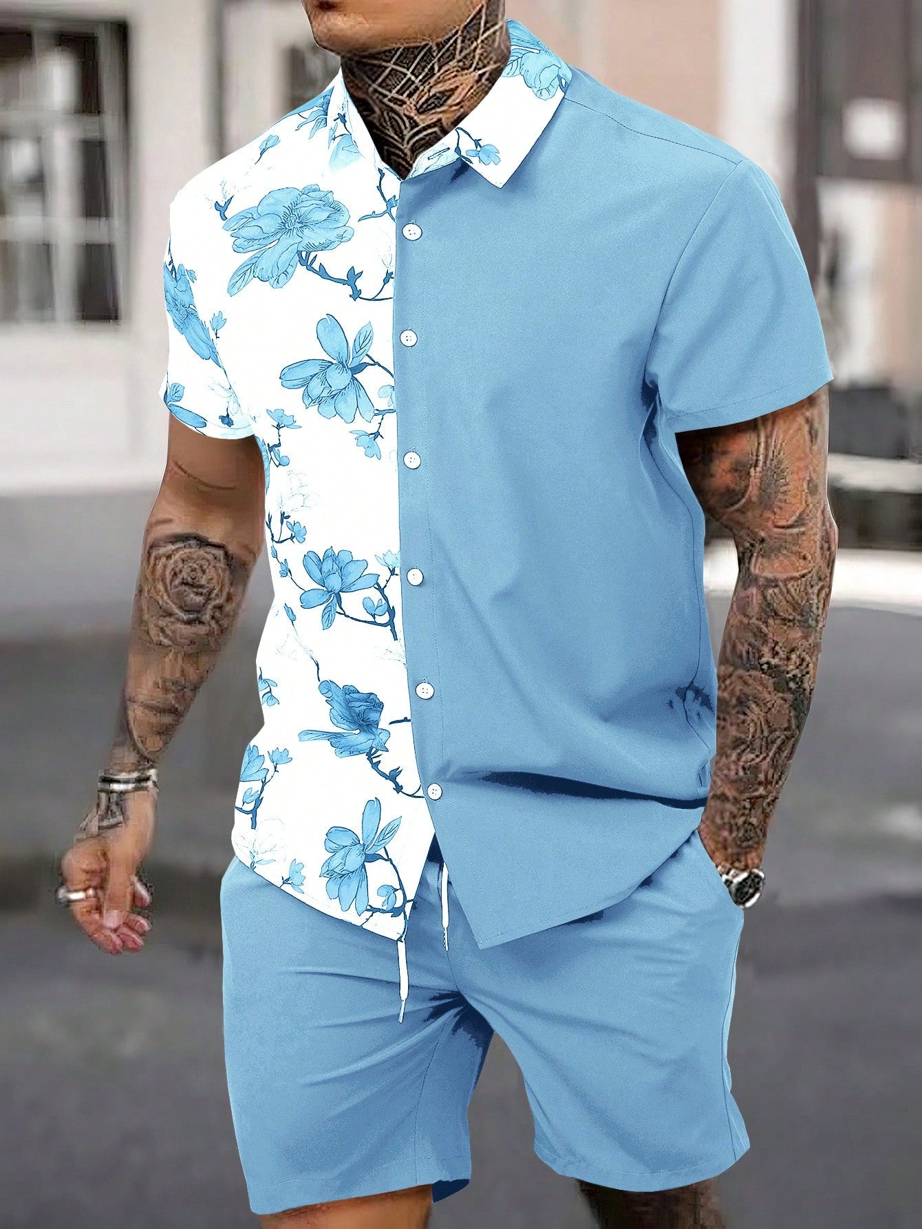 Men Floral Print Shirt & Drawstring Waist Shorts