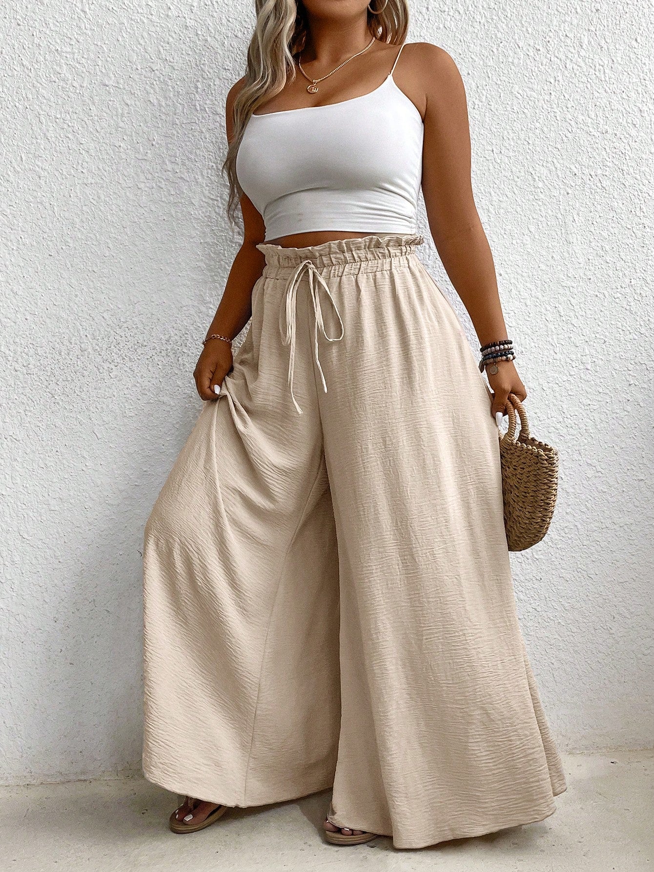 Plus Size Elastic Waist Belted Loose Textured Wide-Leg Pants