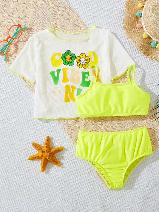 Young Girl Daily Casual Spring/Summer 3pcs Letter & Cartoon Printed Bikini Set Summer Beach