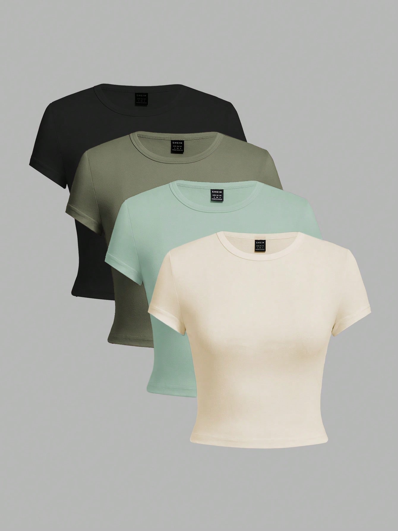 4pcs Casual Women's Solid Color Cropped Round Neck Short Sleeve Fitted T-Shirts, Suitable For Summer