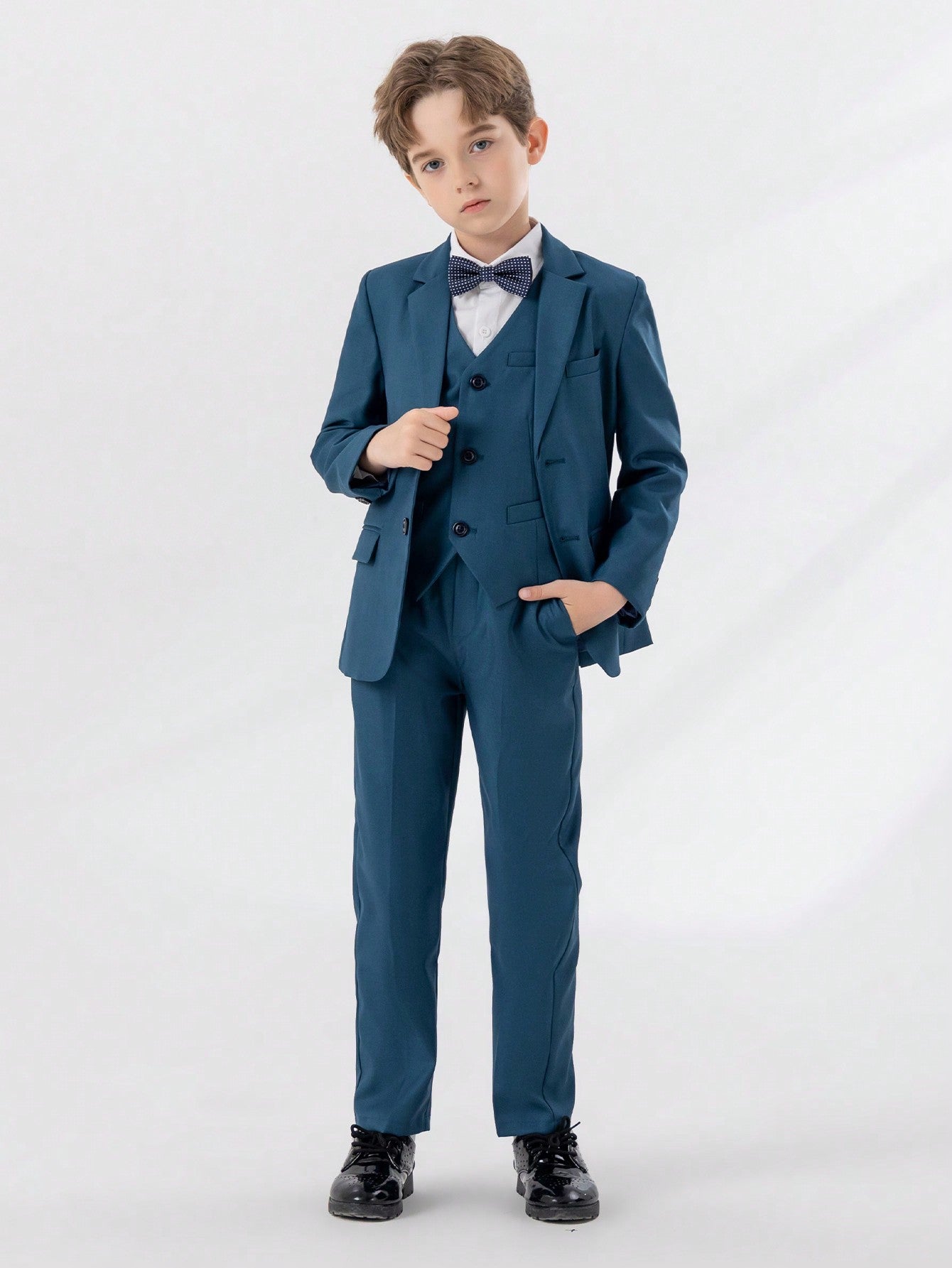 Young Boy 4pcs Gentleman Formal Suit Set With Lapel Jacket, Vest, Pants And Necktie, Spring