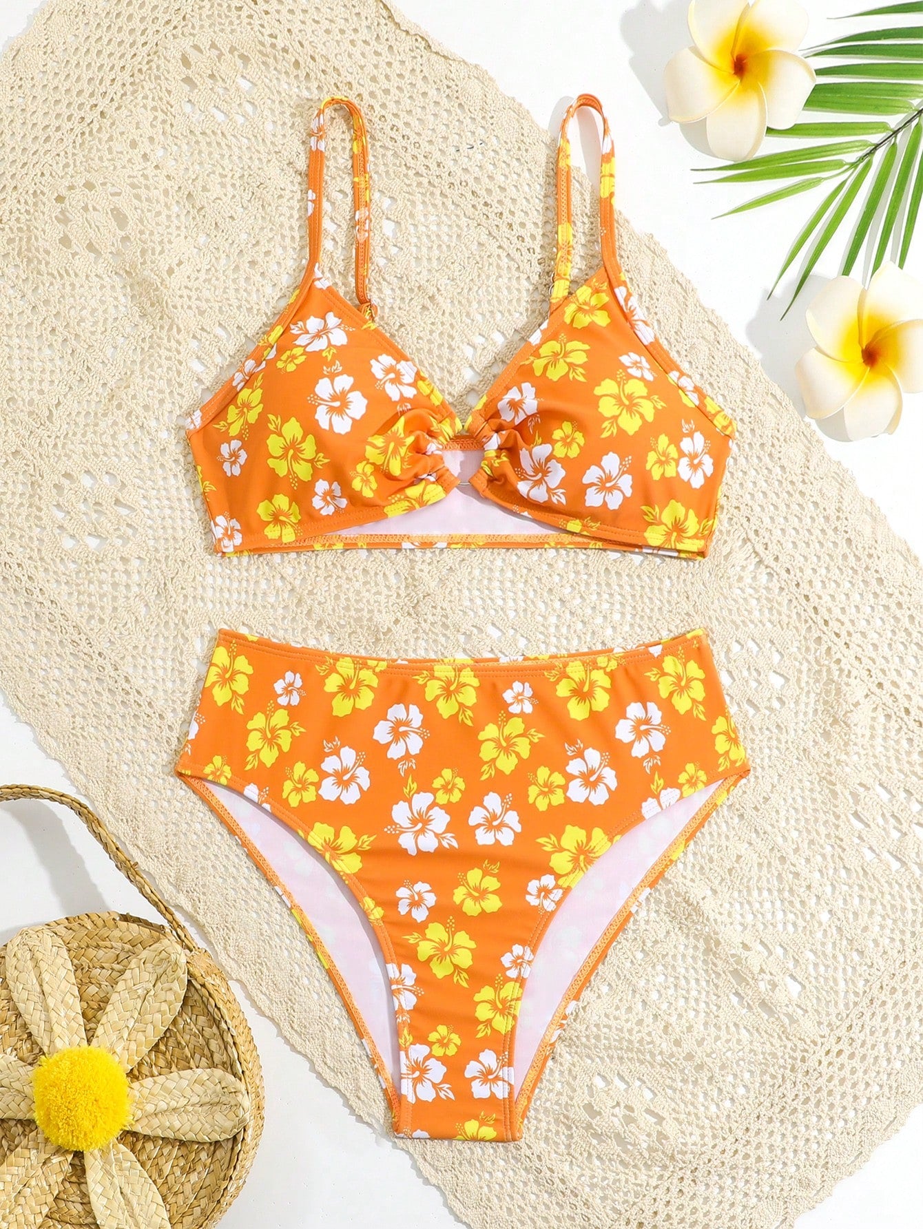 Teen Girls Floral Print Ring Linked Bikini Swimsuit