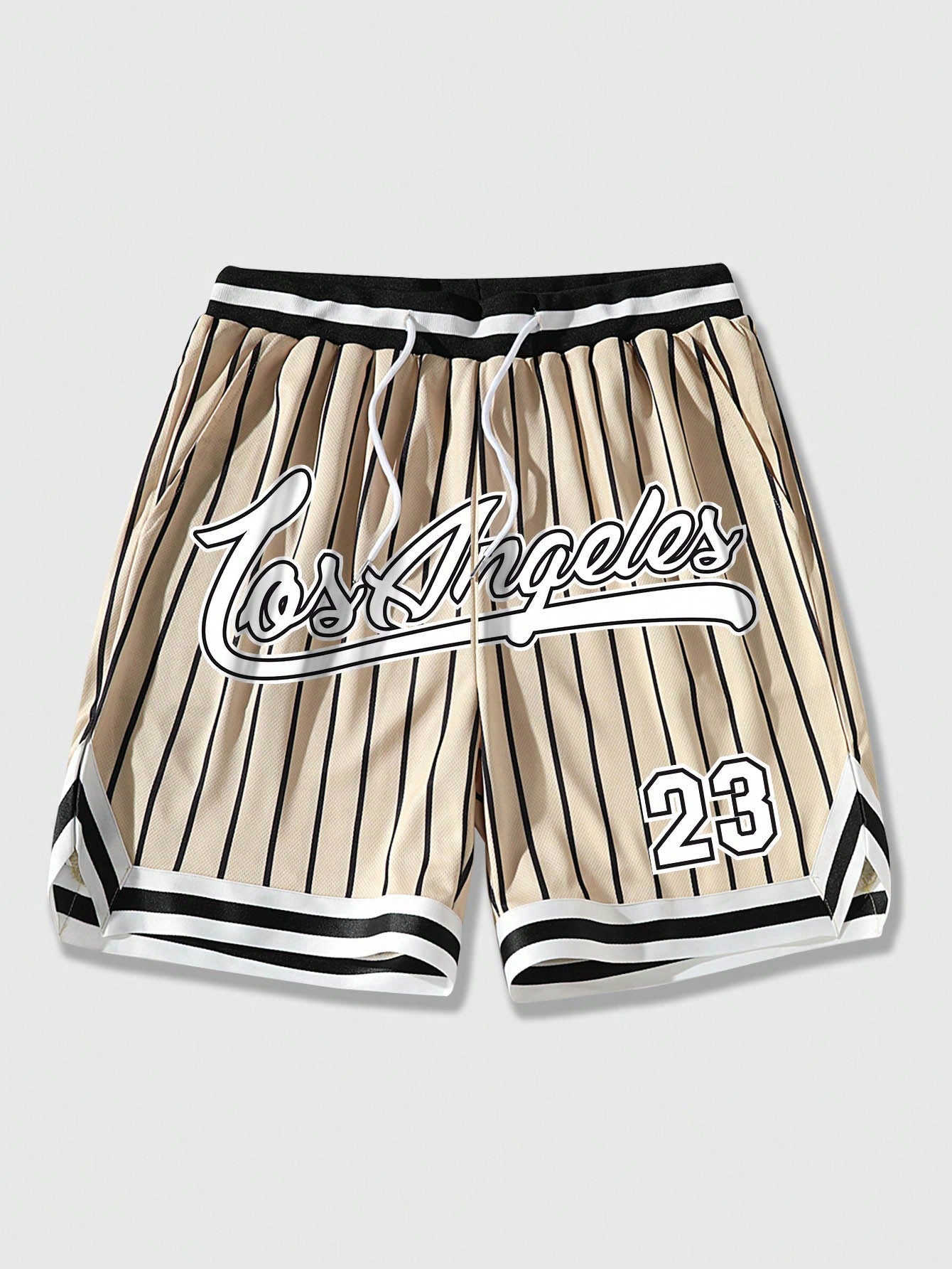 Men Striped & Letter Graphic Drawstring Waist Mesh Shorts