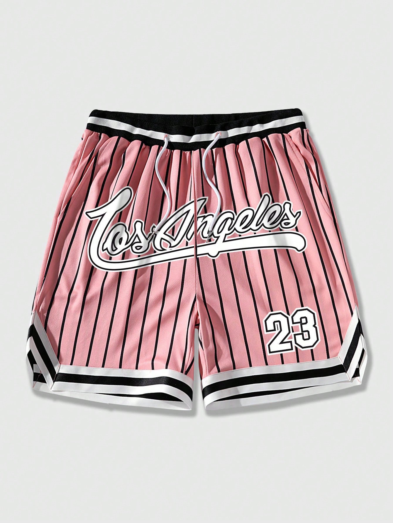 Men Striped & Letter Graphic Drawstring Waist Mesh Shorts