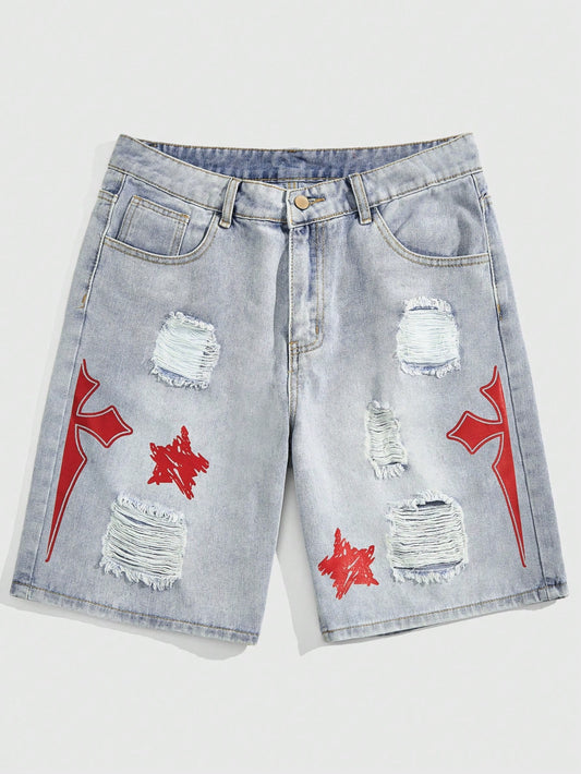 Goth Men's Cross Printed Distressed Denim Shorts, Suitable For Daily Wear In Spring And Summer