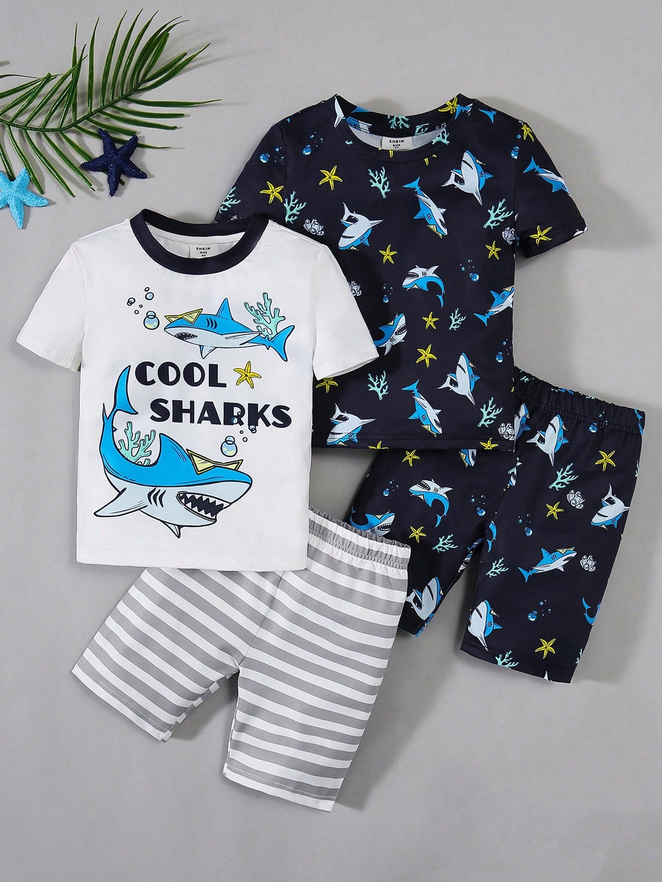 Young Boy's Casual Shark Pattern Short Sleeve T-Shirt & Shorts Snug Fit Homewear Set Of 4