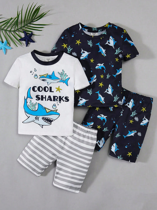 Young Boy's Casual Shark Pattern Short Sleeve T-Shirt & Shorts Snug Fit Homewear Set Of 4