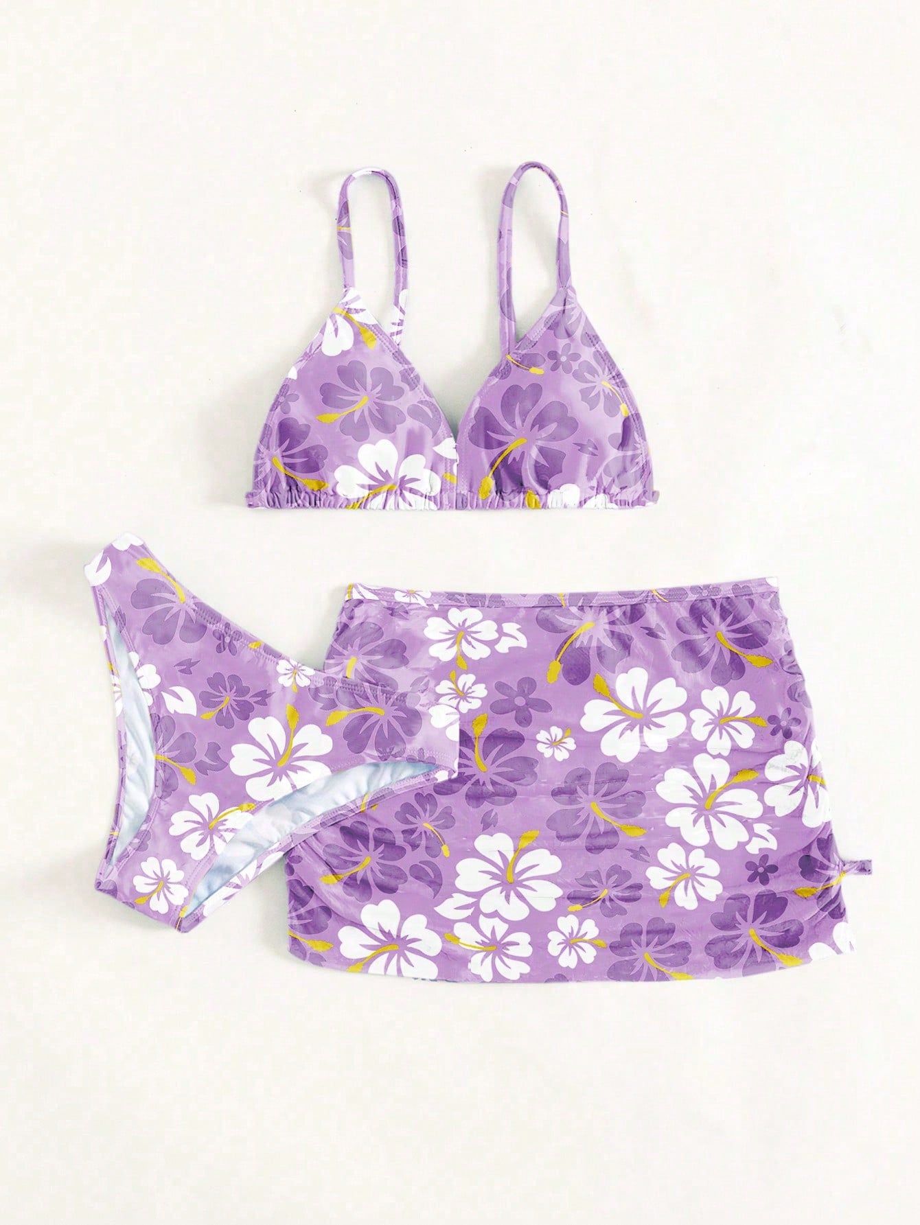 Tween Girl Floral Print Bikini Set & Ruched Beach Skirt Summer Beach