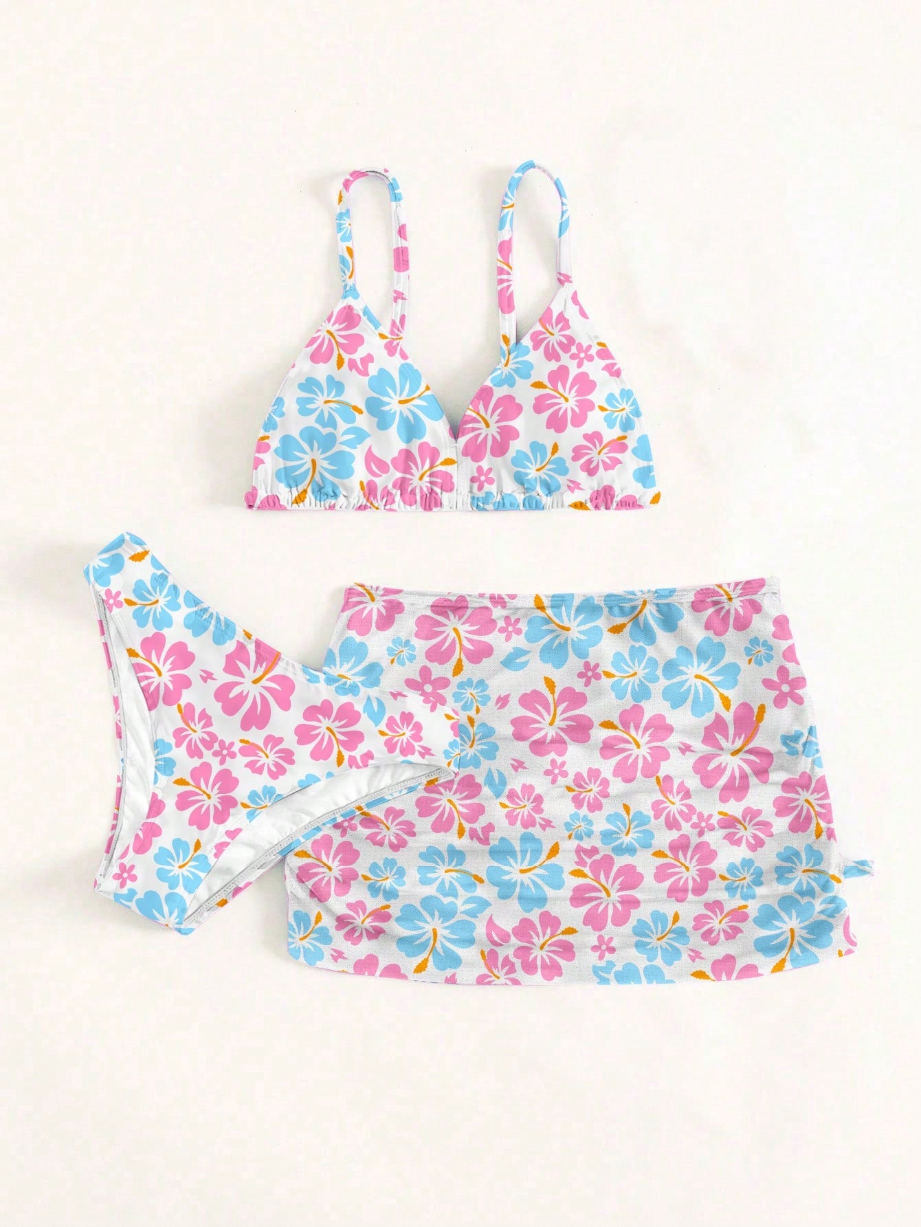 Tween Girl Floral Print Bikini Set & Ruched Beach Skirt Summer Beach