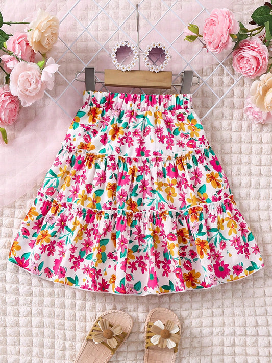 Young Girl's Elastic Waist Floral Printed Asymmetrical Skirt With Ruffled Hem