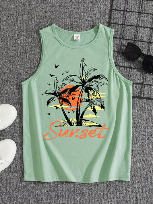 Tween Boys' Casual Coconut Tree Round Neck Tank Top For Summer