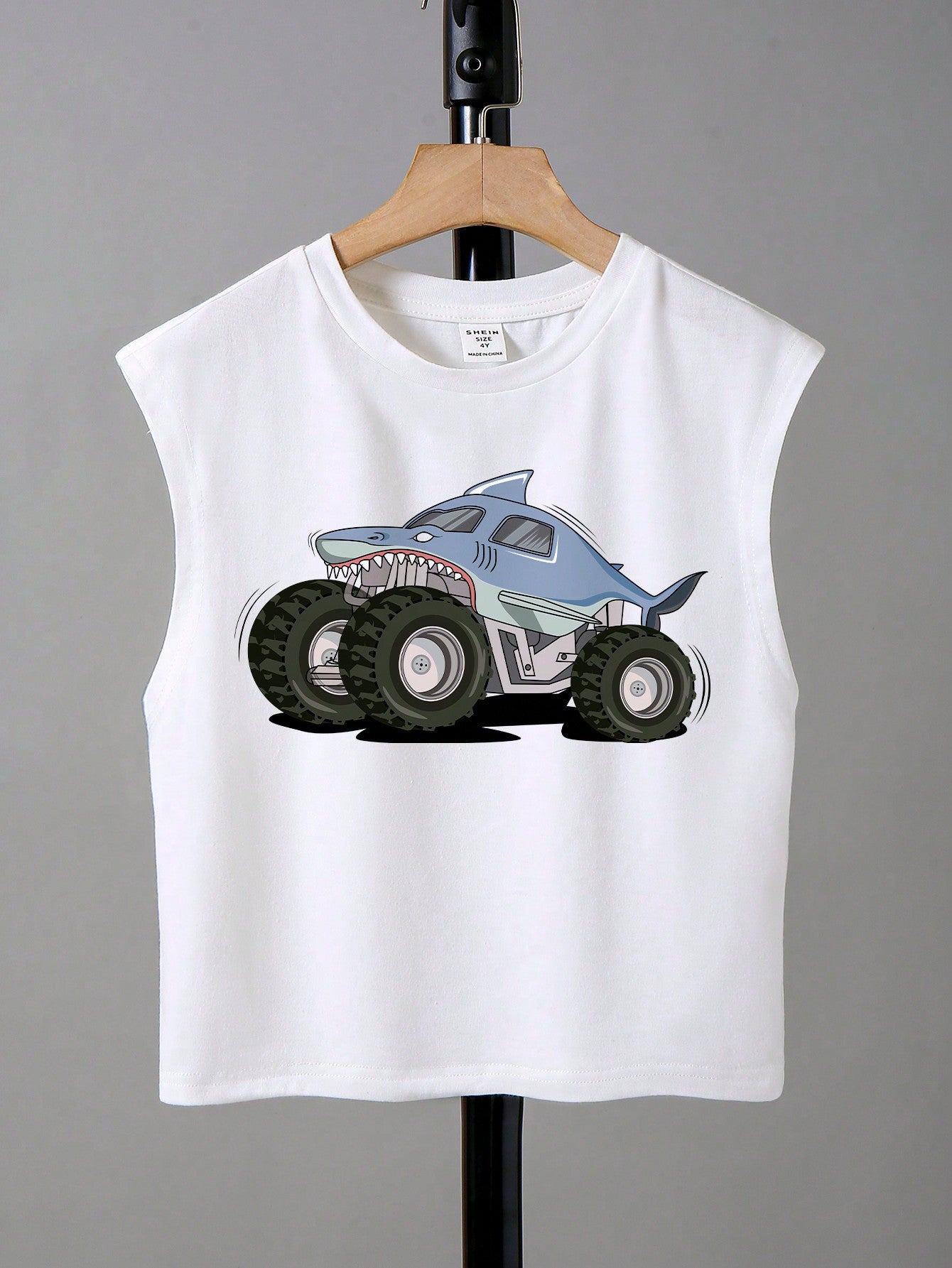 Young Boy Casual Shark & Car Printed Tank Top, Suitable For Summer