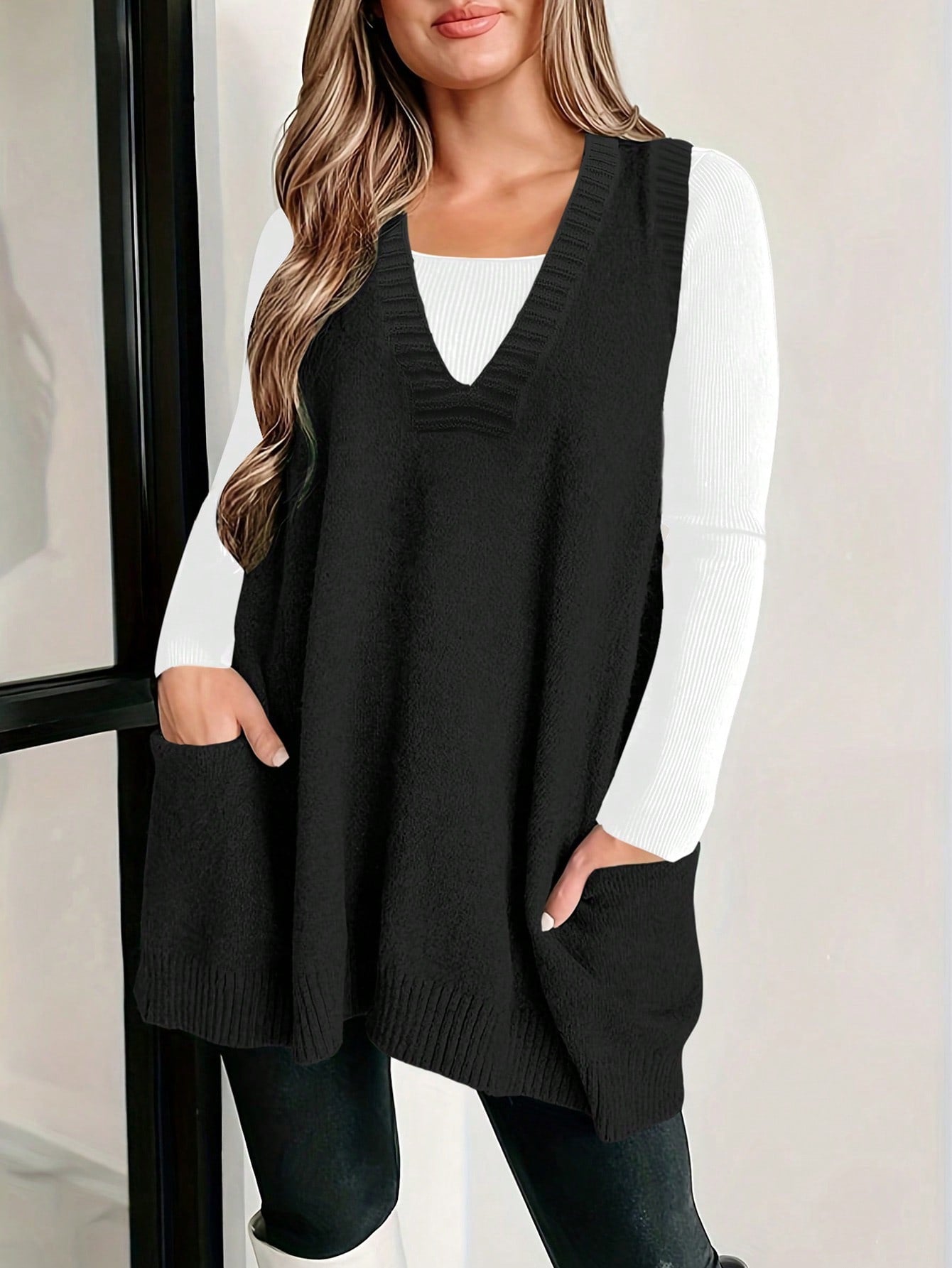 Plus Size Women's Solid Color Sweater Vest With Double Pockets