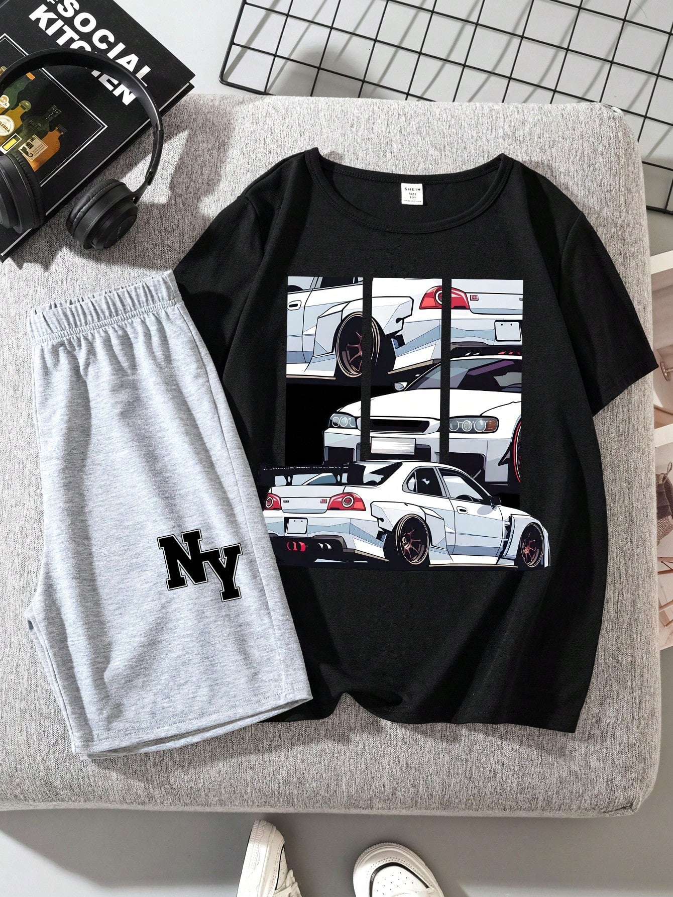 Tween Boy Casual Simple Car Pattern Round Neck Short Sleeve T-Shirt And Letter Print Shorts Suit For Summer