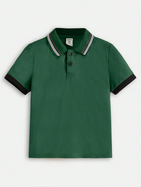 Young Boy's Casual Knitted Color Block Decorated Short Sleeve Polo Shirt