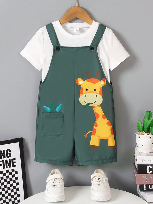 2pcs Young BOY Casual Solid Color Short Sleeve T-Shirt And Giraffe Printed Overalls Set, Summer, Suitable For Outings And School Activities