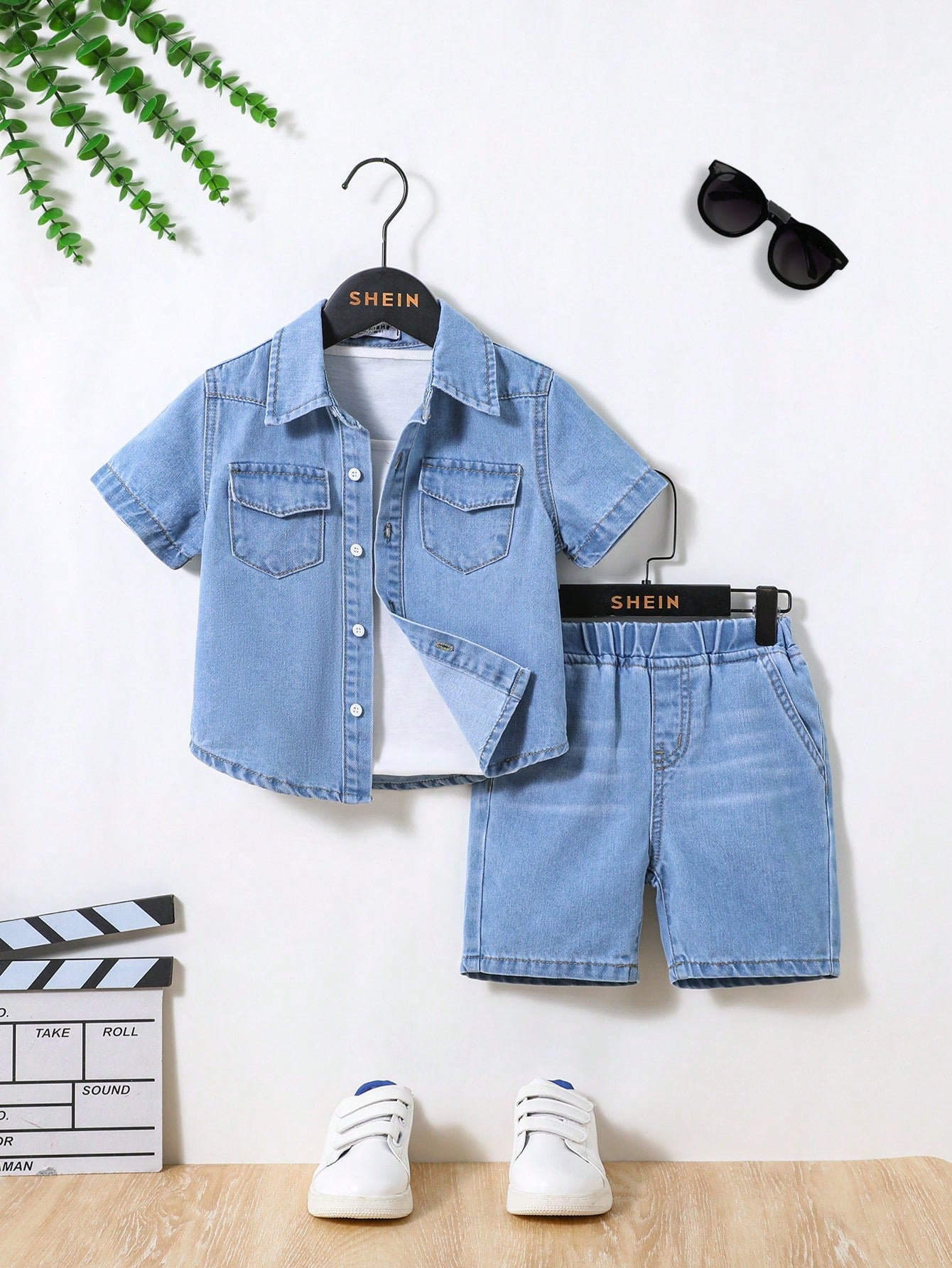 Young Boy 2pcs/Set Casual Comfortable Soft Blue Denim Shirt And Denim Shorts Set ,For Spring And Summer Outfits