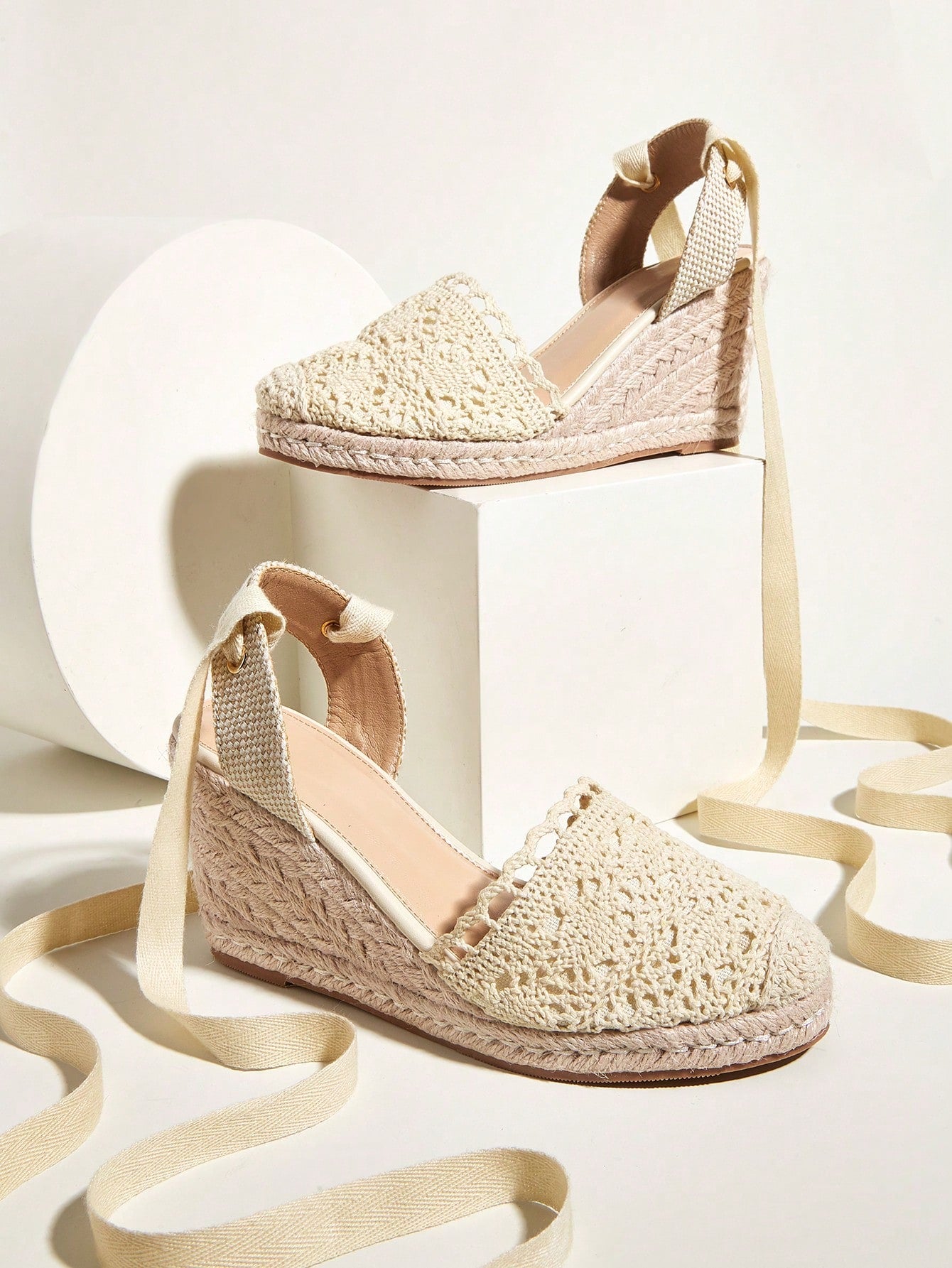 Apricot Lace Ballerina Flats For Women, With Long Straps And Woven Base Wedges, Suitable For Casual & Comfortable Holidays