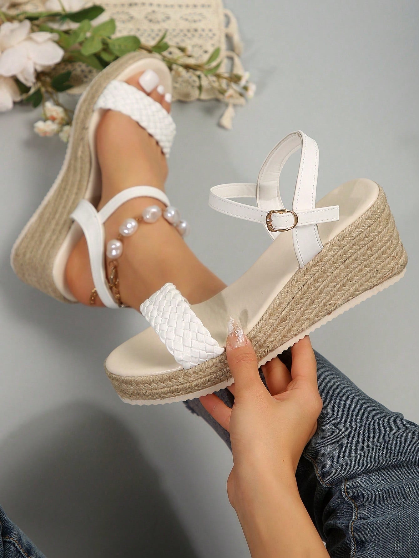 Women's Summer Woven Strap Wedge Sandals With Espadrille Platform And Buckle Detail