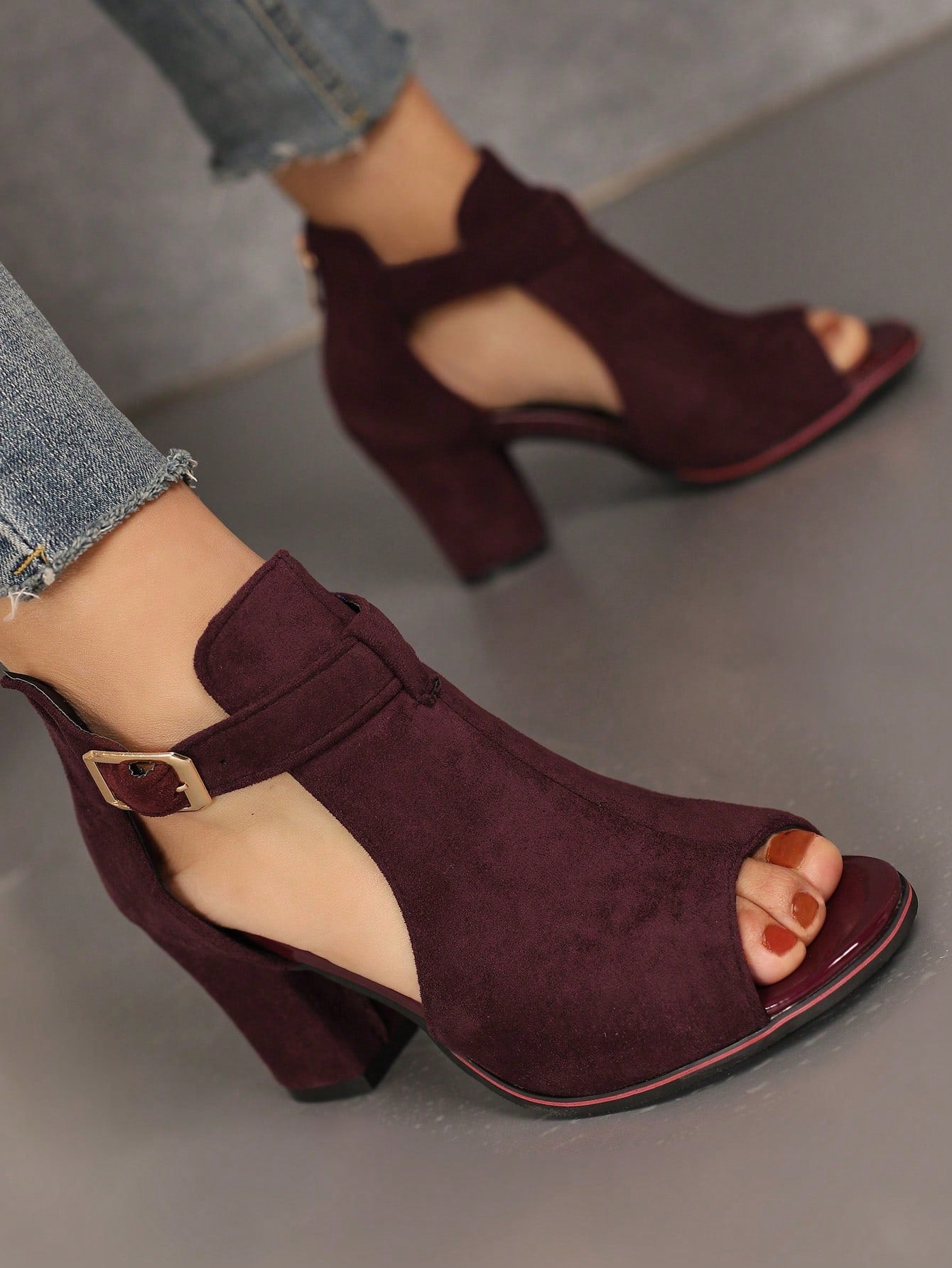 High-Heeled Sandals, Burgundy Red Suede Strap Buckled Women's Shoes