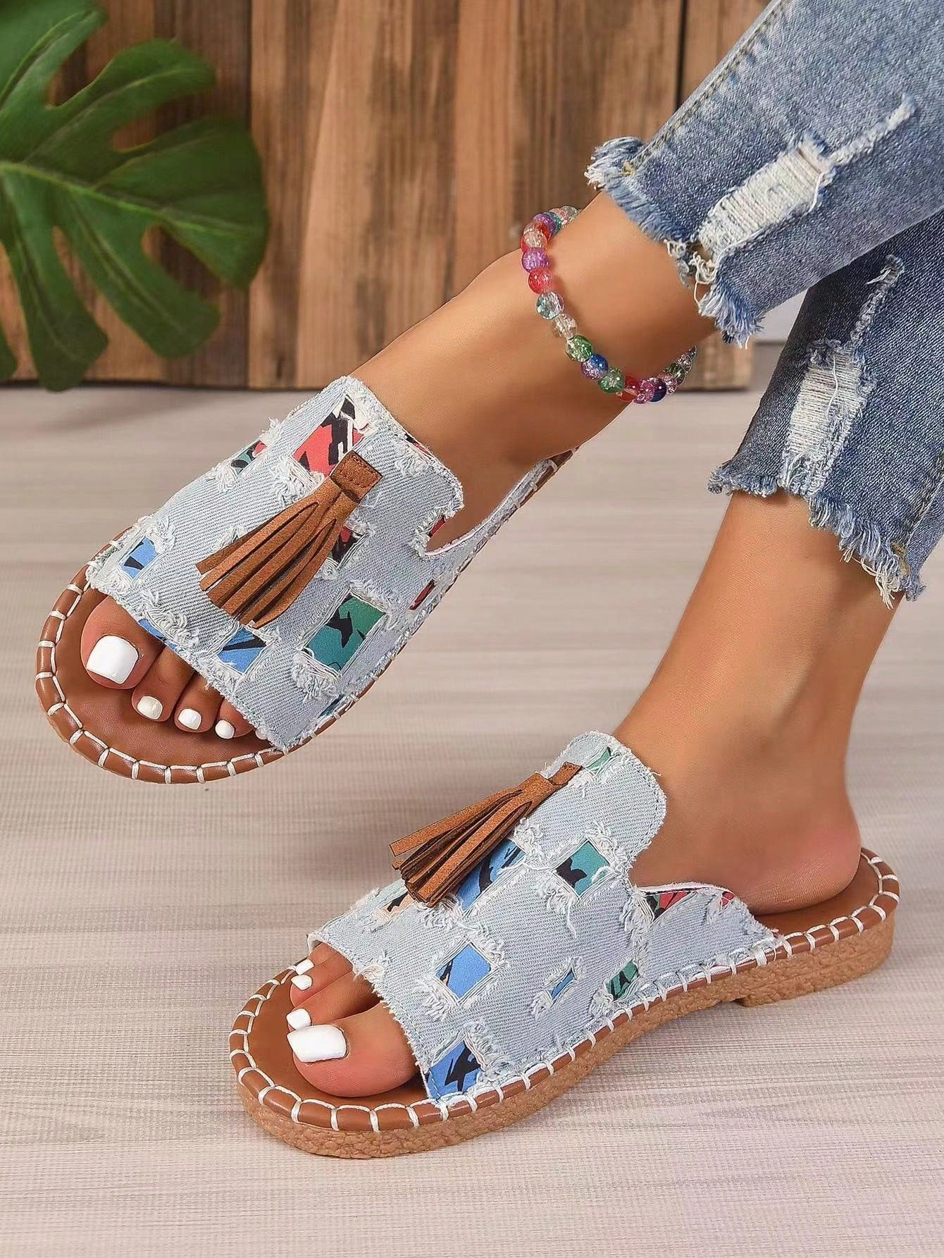 Women's Fringe Decor  Flat Sandals, Beach Water-Resistant Slides, Fashionable Slip-Resistant Outdoor Shoes