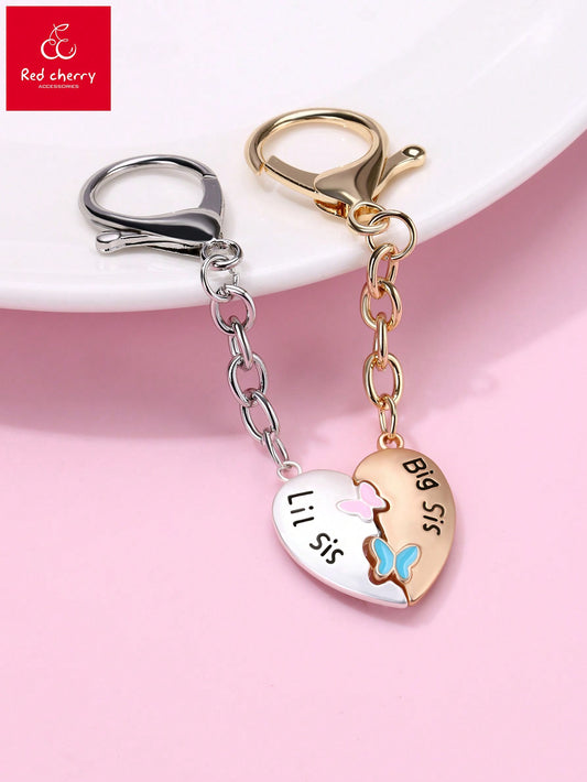 2pcs/Set Cute Magnetic Zinc Alloy Big Sis Lil Sis Heart & Butterfly Joint Keychain (Matte Gold And Silver Color Plated)For Sisters, Mother's Day, Bags Decoration