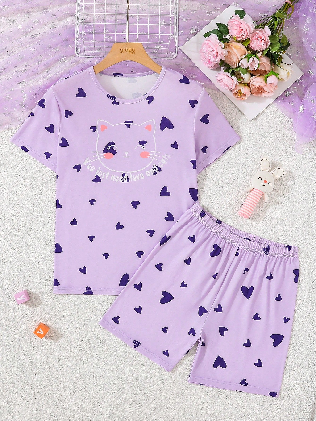 Teen Girl Purple Flame Retardant Short Sleeve T-Shirt And Shorts Set With Heart And Cat Print For Home Wear