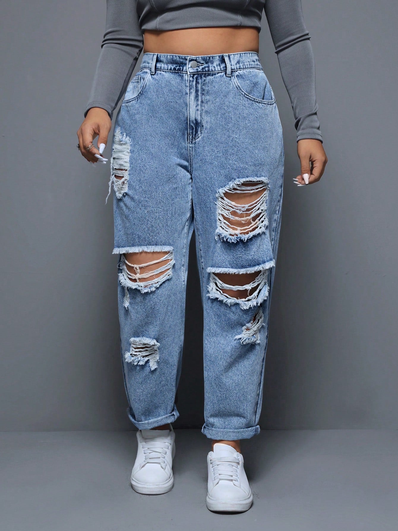 Plus Size Spring/Summer Casual Distressed Frayed Hem Tapered Jeans