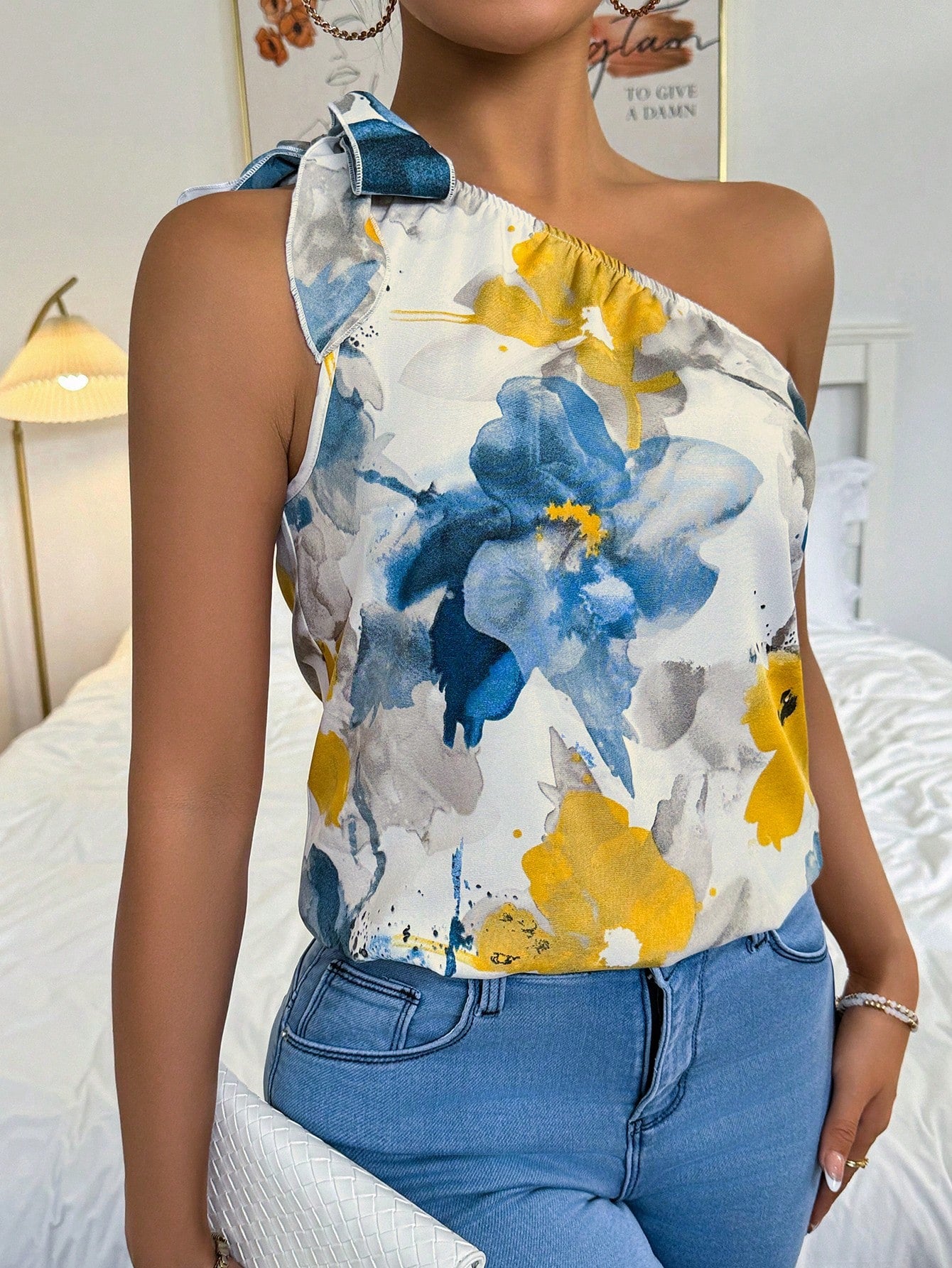 Flower Print Asymmetric Collar Sleeveless Shirt