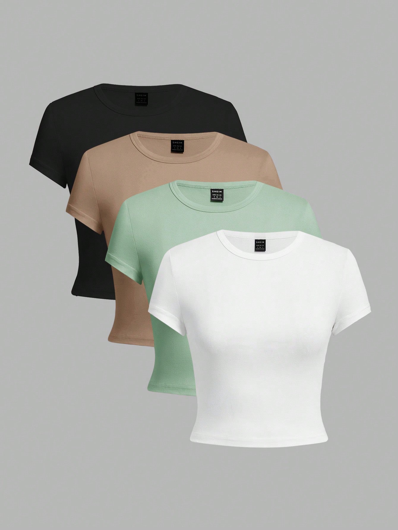 4pcs/Set Casual Round Neck Crop Sleeve Crop Lady's T-Shirt For Summer, Slim Fit