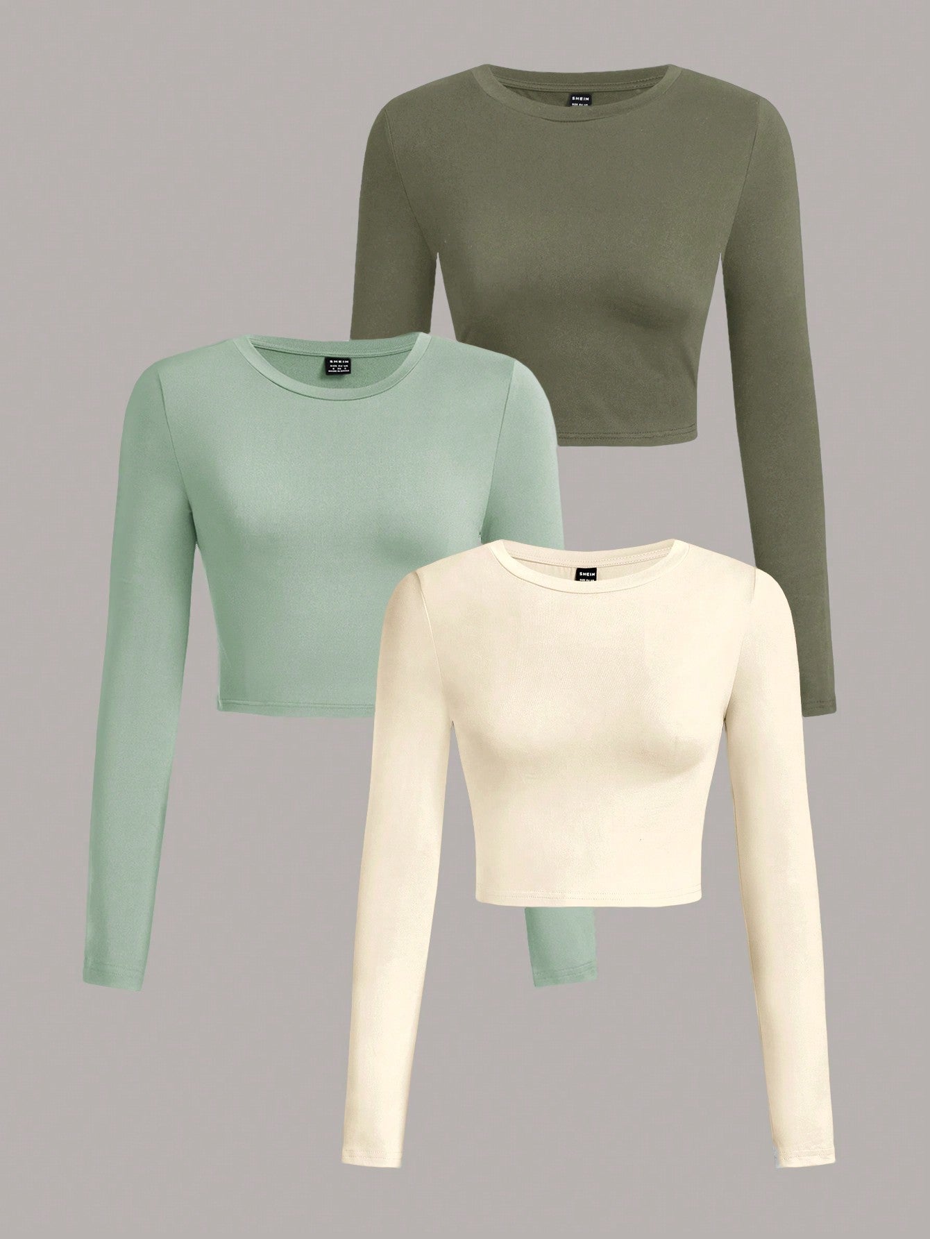 3pcs/Set Women's Casual Simple Crew Neck Long Sleeve Cropped Fitted T-Shirts, Suitable For Spring & Autumn