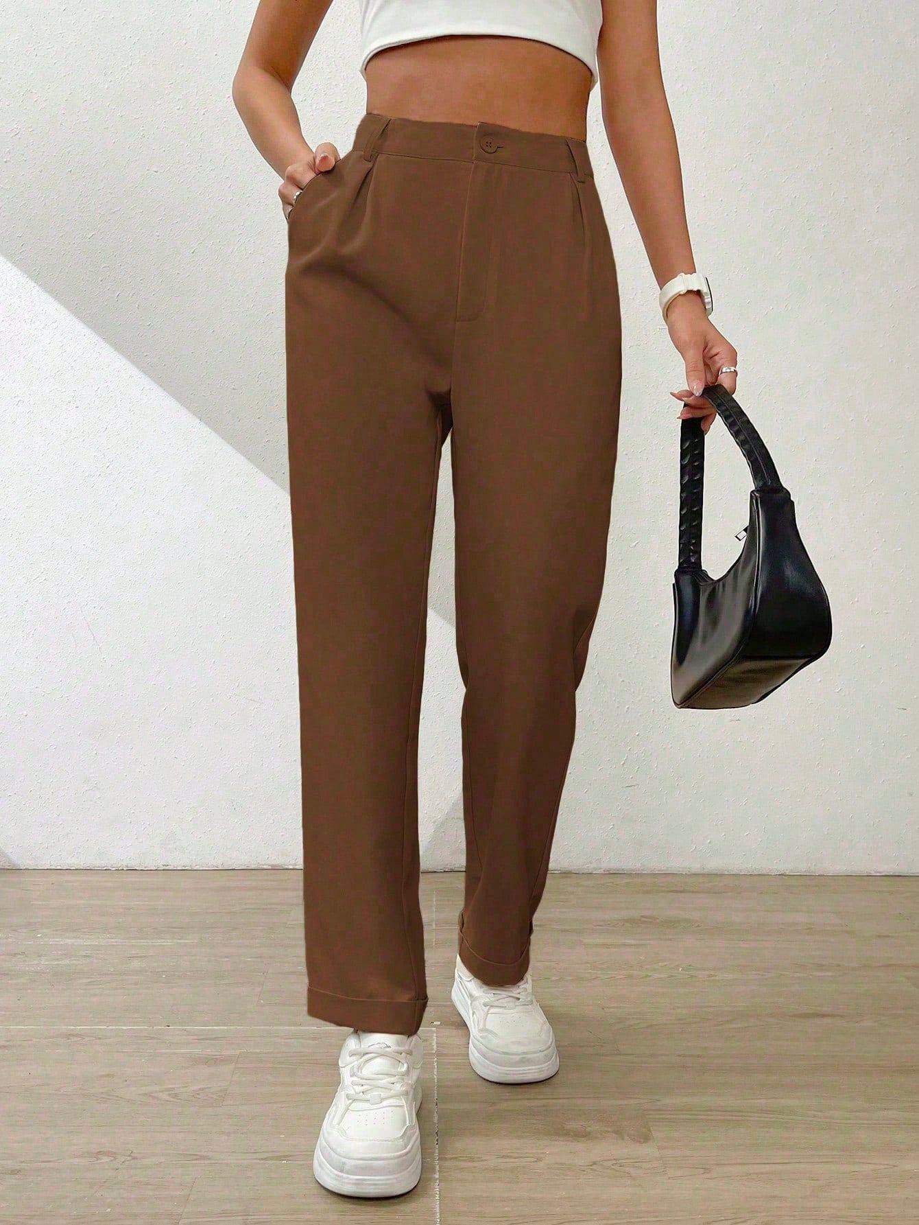 Solid Fold Pleated Slant Pocket Pants