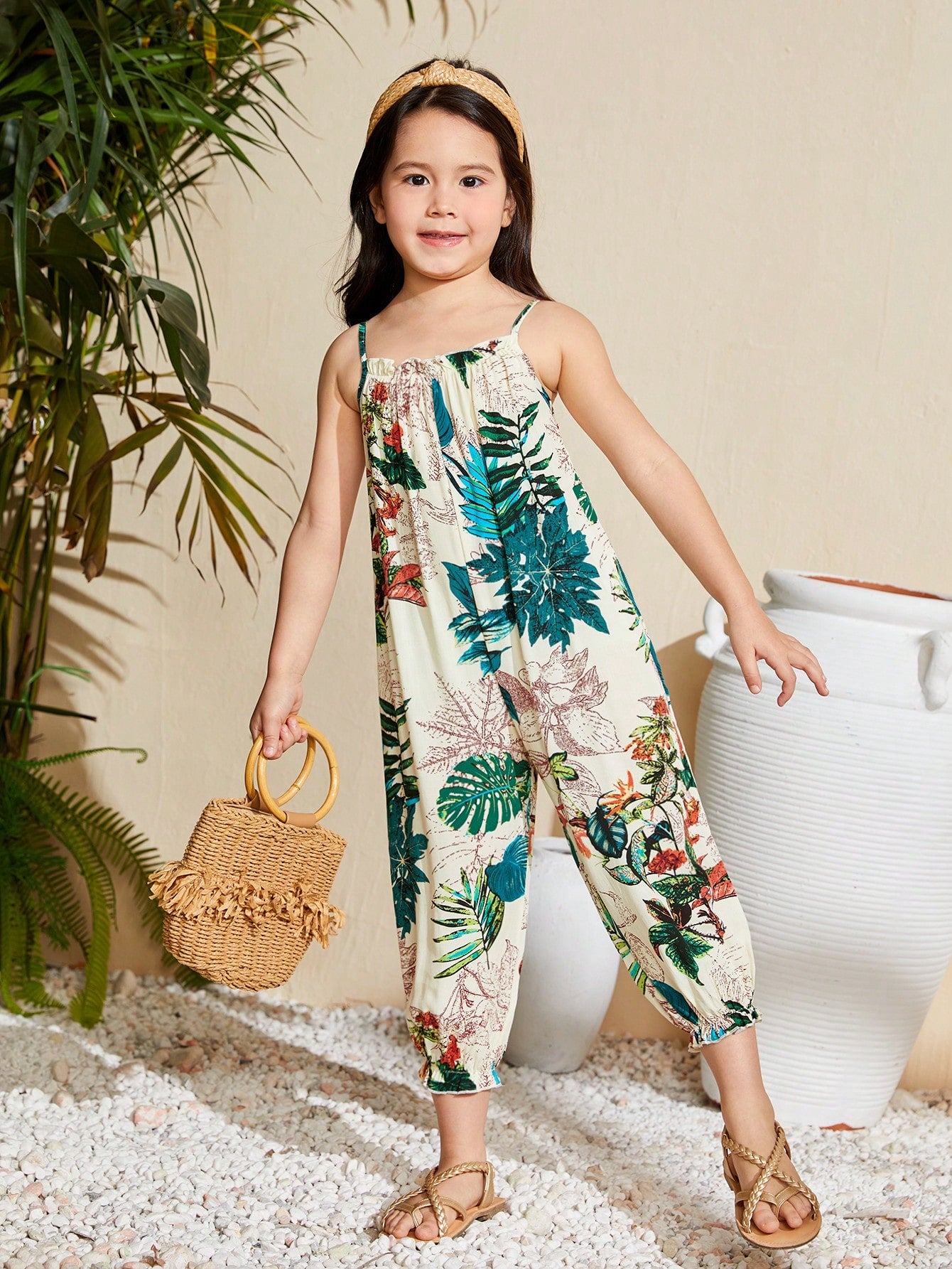 Young Girl Woven Tropical Plant Print Loose Casual Vacation Cami Jumpsuit