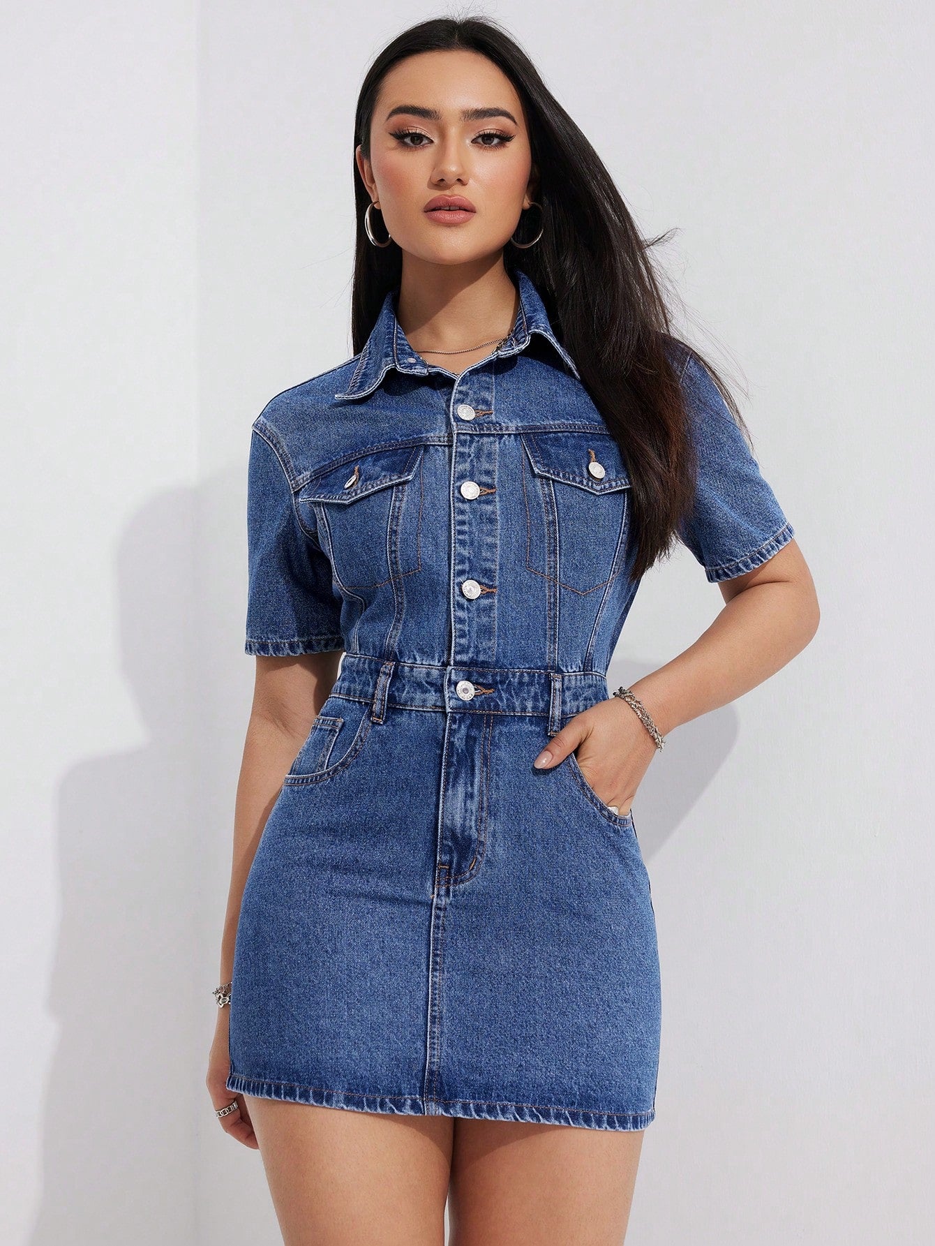 Short Sleeve Denim Button Front Dress For Women